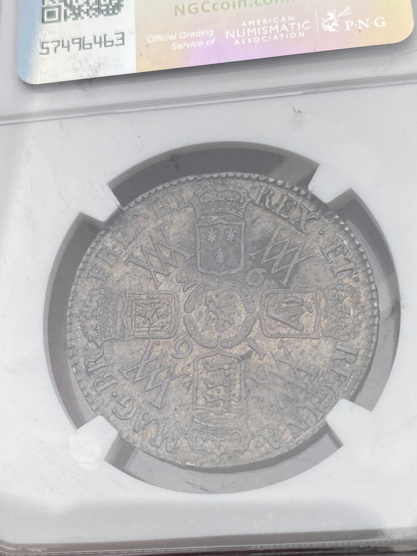 万国钱币拍卖第049期（万国夏季大拍） NGC MS60 1693英国威廉与玛丽半克朗银币 原味酱彩好状态 英系大神Cope旧藏 观感超越分数的状态