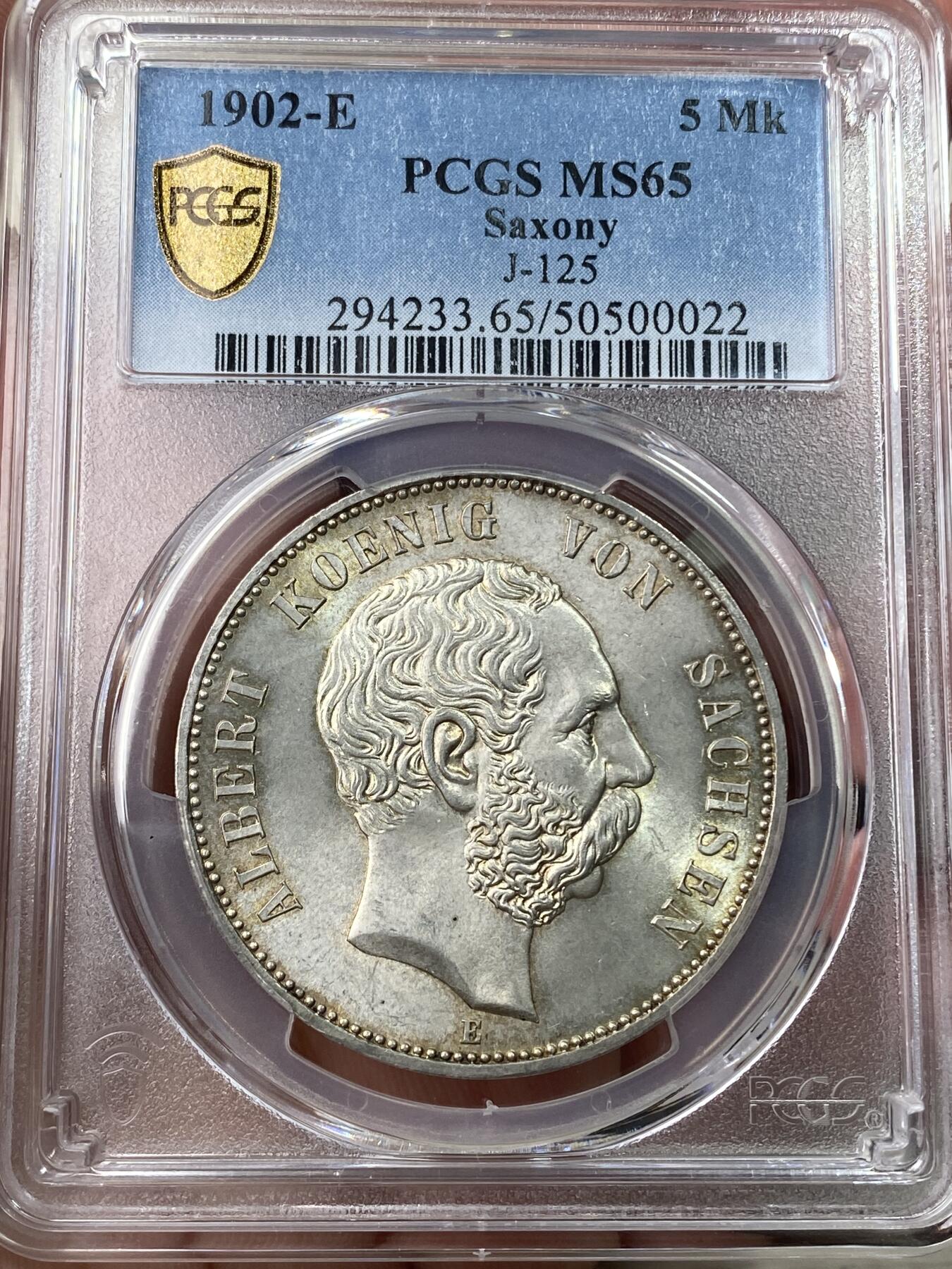 万国钱币拍卖第049期（万国夏季大拍） PCGS MS65 1902年德国萨克森王国阿尔伯特长翅流通5马克 罕见高分流通版本 区别于常见的1902逝世5马克 BU淡金彩车轮转光