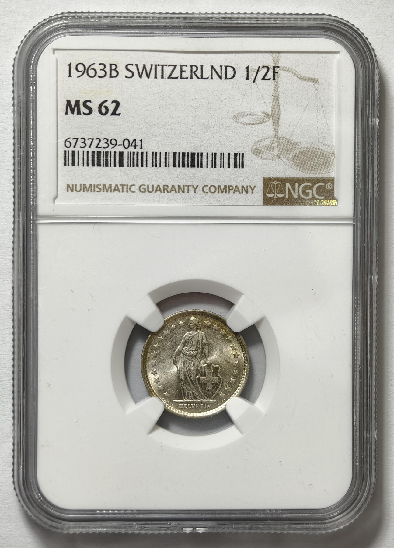 紫瑗钱币——第570期 瑞士 1963年 B版 赫尔维蒂亚 1/2法郎 银币 NGC MS62