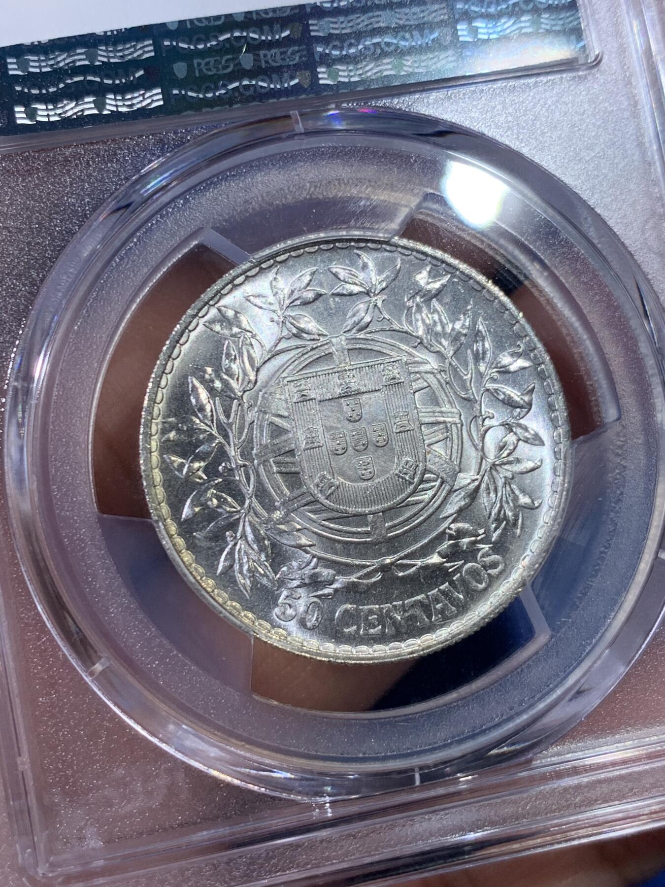 《竞宝斋》第398场 周日，周一，2场连拍 （全场包邮） PCGS MS63 葡萄牙 1916年 50分银币 白净转光