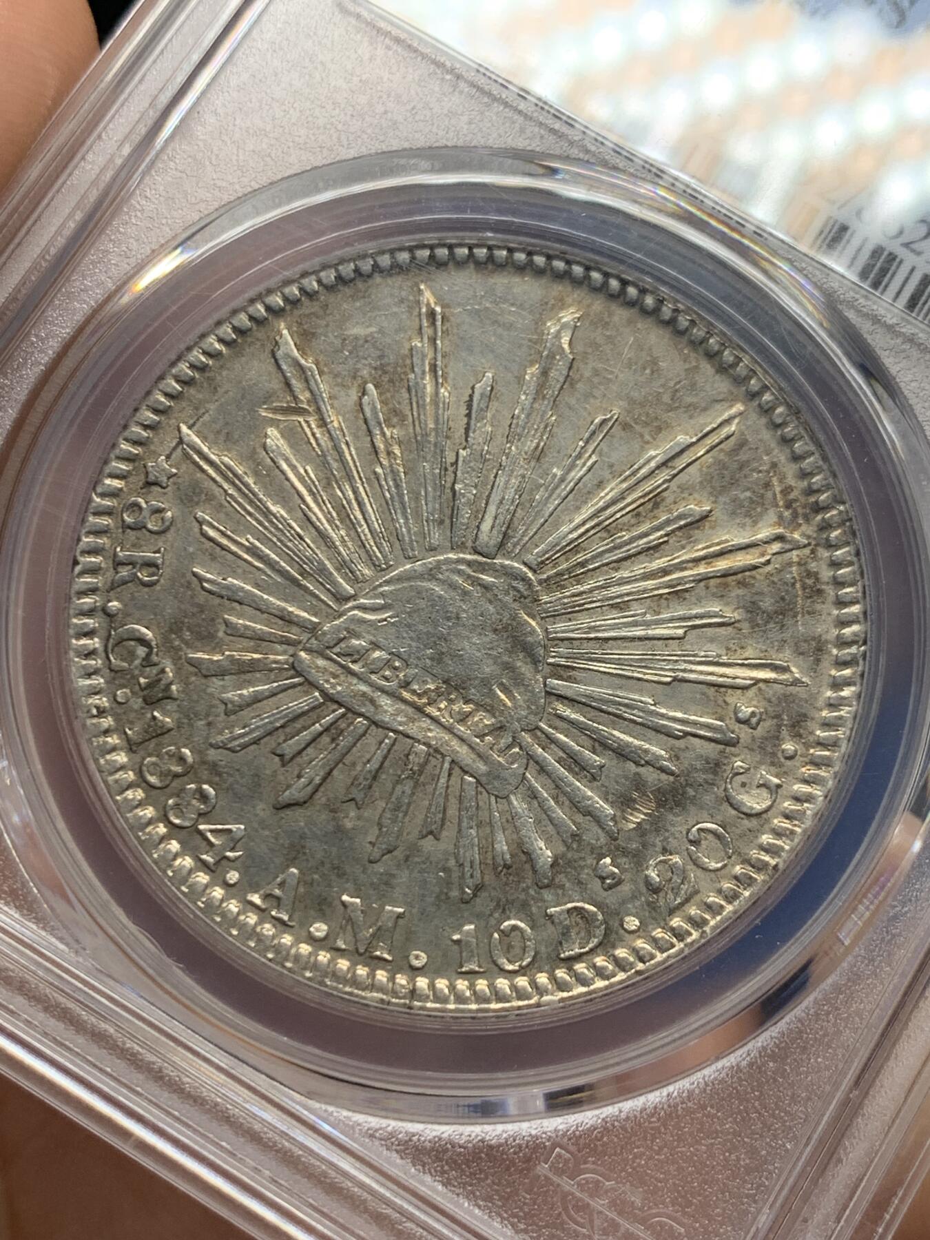 《竞宝斋》第398场 周日，周一，2场连拍 （全场包邮） PCGS-AU 墨西哥 1884 CN AM版 8瑞尔 银币 七级鹰 AU级别极少 可遇不可求