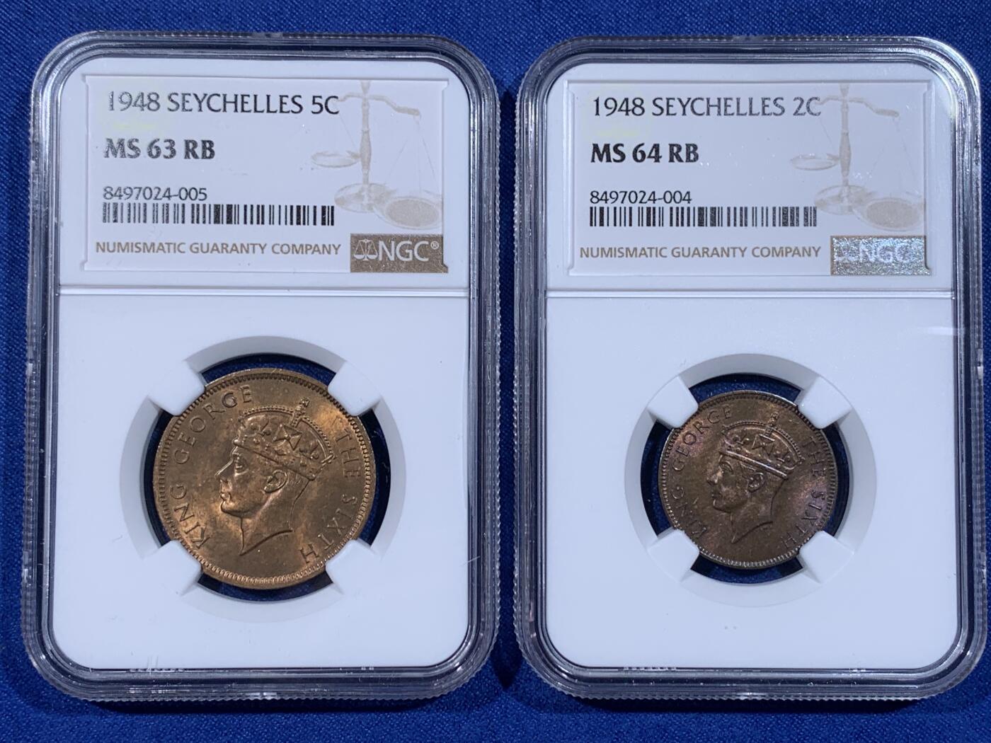 《竞宝斋》第398场 周日，周一，2场连拍 （全场包邮） NGC-MS64RB/63RB 1948塞舌尔2分&5分一对 早期塞舌尔铜币非常少见 品相这么好的更是凤毛麟角 铜光非常舒服 值得收藏
