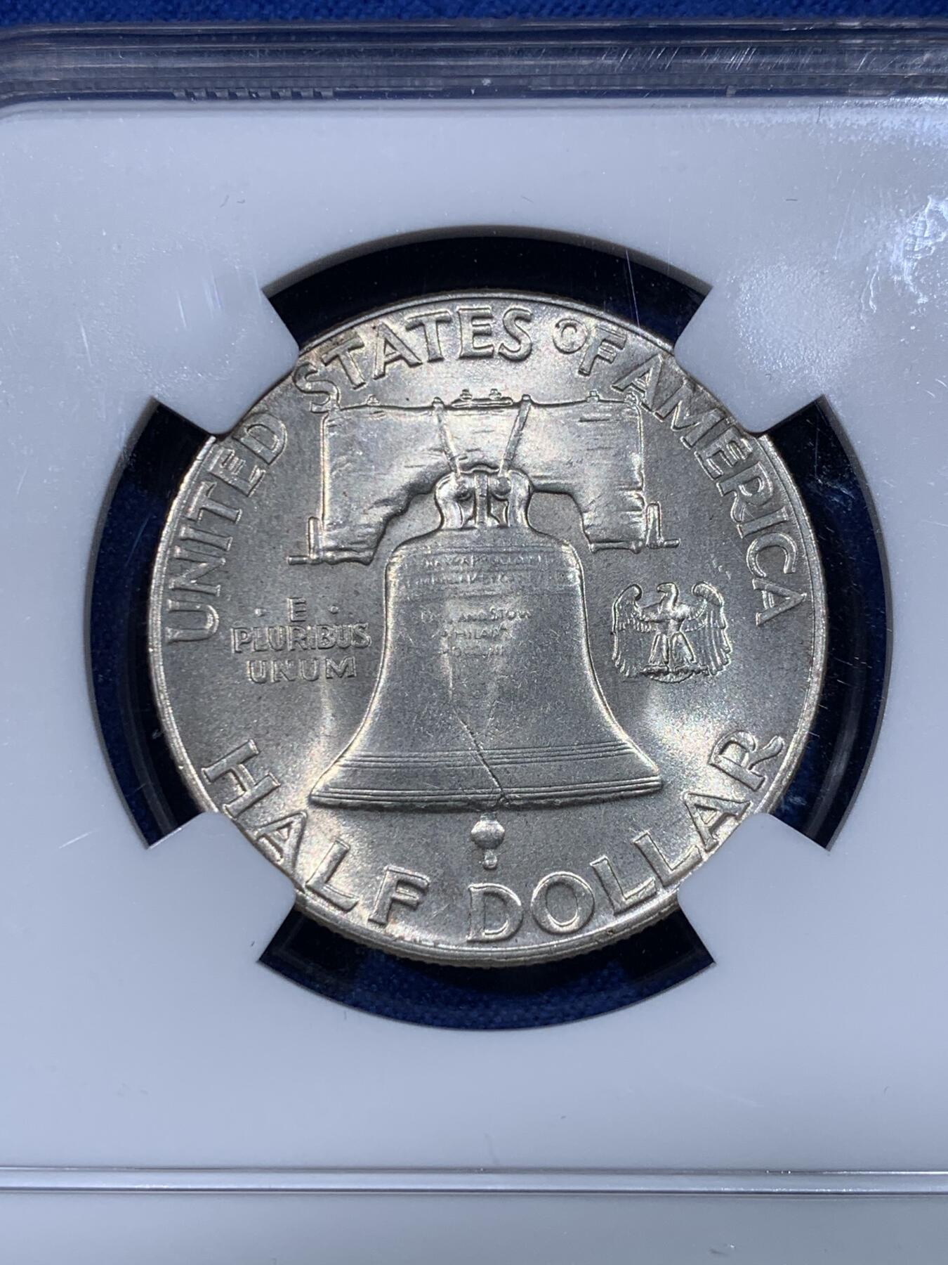 《竞宝斋》第398场 周日，周一，2场连拍 （全场包邮） NGC-MS63 美国1948年富兰克林半圆银币，卷拆货，低评状态，车轮转光明显