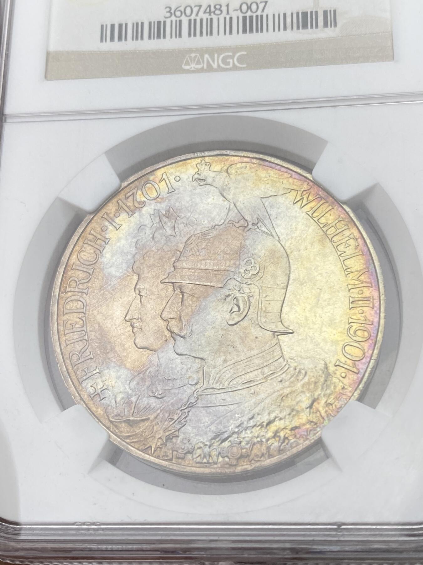 万国钱币拍卖第049期（万国夏季大拍） NGC MS64 1901年德国普鲁士建国200周年长翅5马克 普鲁士经典品种 罕见七色彩虹包浆 顶级视觉享受
