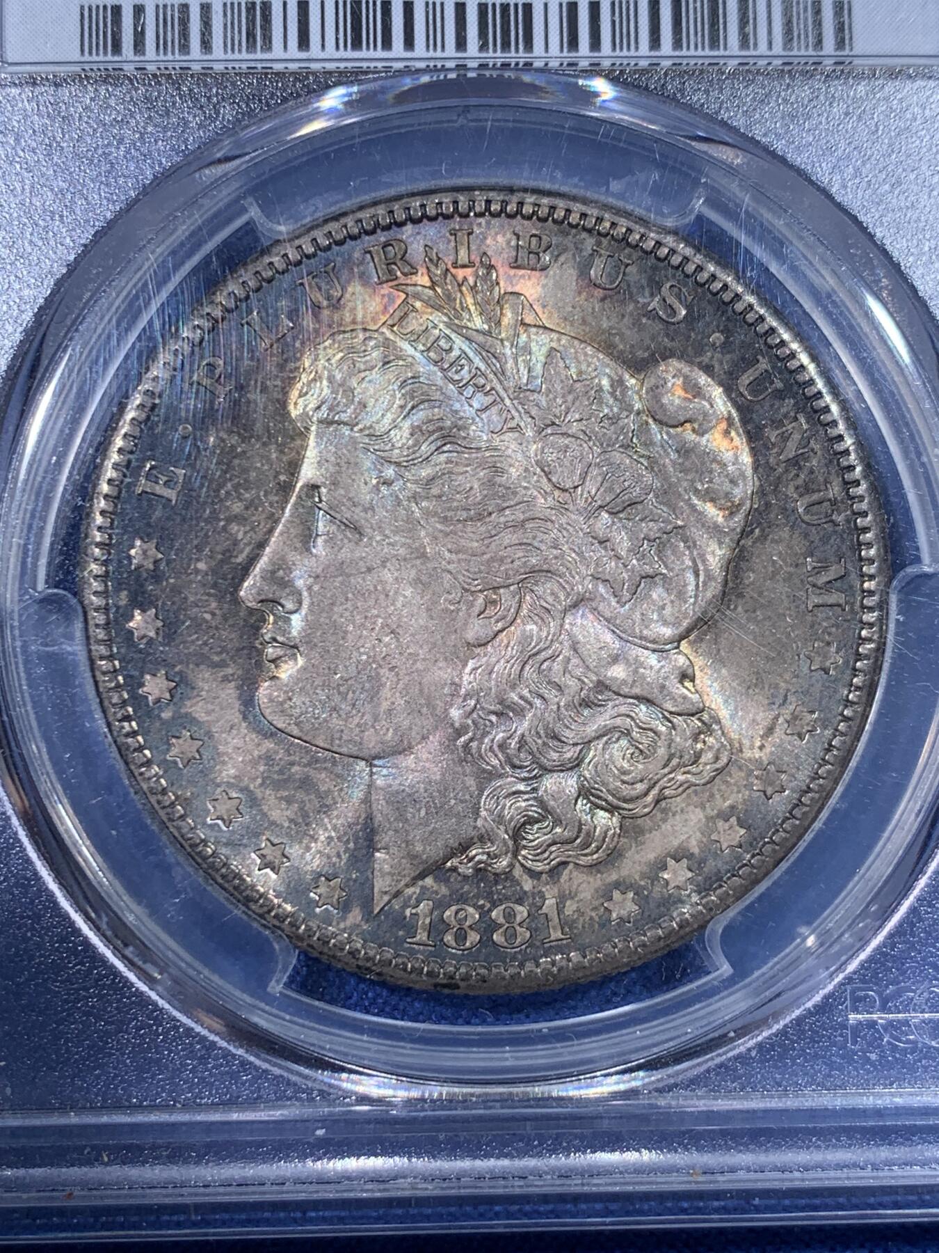 《竞宝斋》第398场 周日，周一，2场连拍 （全场包邮） PCGS MS65 1881年S美国摩根一美元大银 BU银光炫彩倒影包浆
