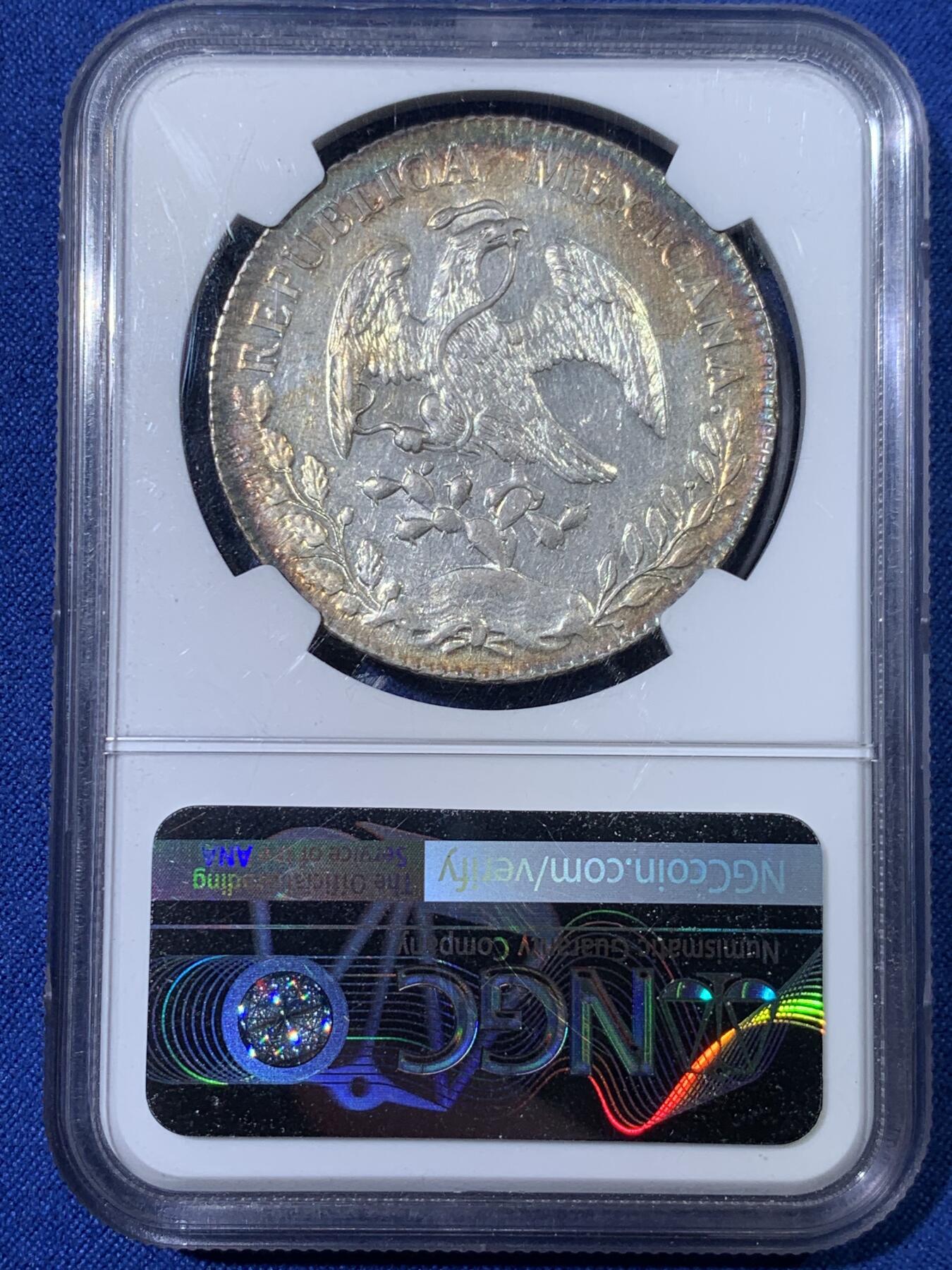 《竞宝斋》第398场 周日，周一，2场连拍 （全场包邮） NGC UNC 墨西哥 1893年花边鹰洋 少见绚丽环彩 正反面都有
