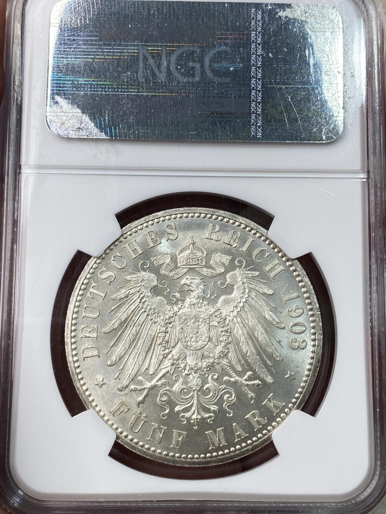 万国钱币拍卖第049期（万国夏季大拍） NGC MS64 德国1903年萨克森-阿尔滕堡恩斯特一世执政50周年长翅5马克 罕见小邦 银霜转光收藏品质
