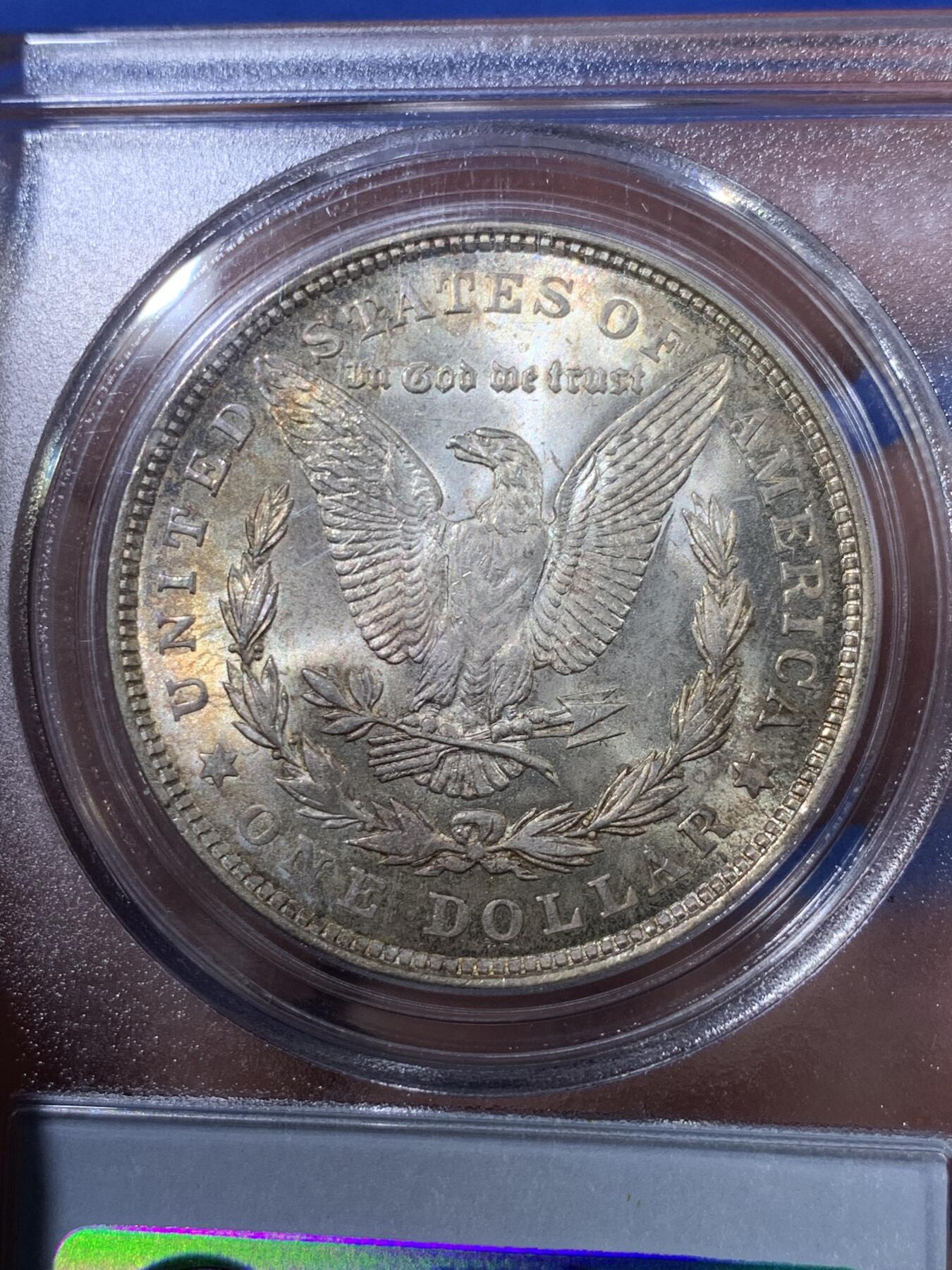 《竞宝斋》第398场 周日，周一，2场连拍 （全场包邮） PCGS MS65 美国 1921 摩根银币 淡彩包浆 非常漂亮的