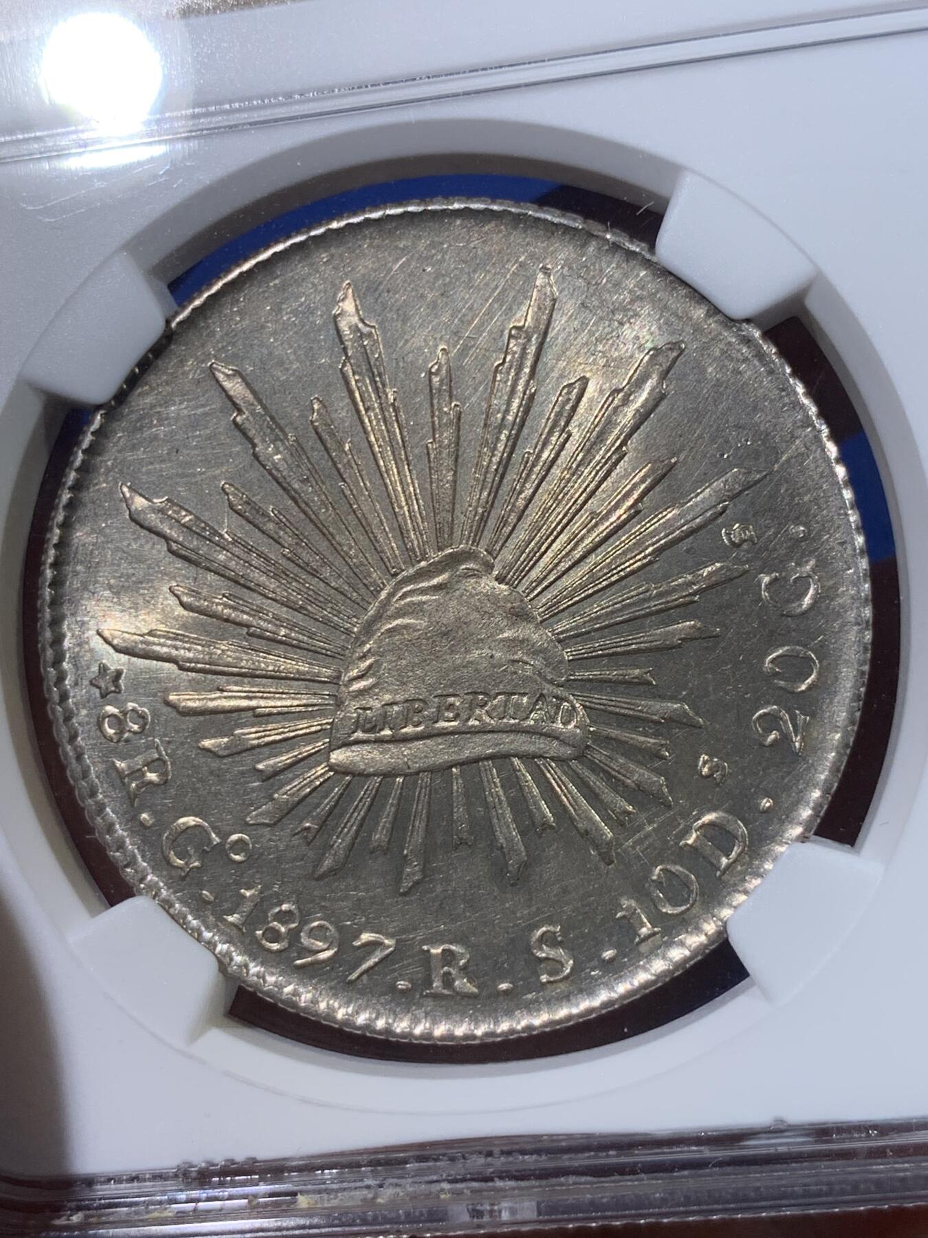 《竞宝斋》第398场 周日，周一，2场连拍 （全场包邮） NGC-MS62 1897年墨西哥鹰洋（GO RS)8R大银币