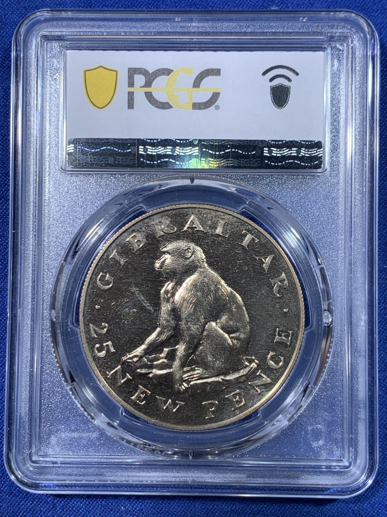 《竞宝斋》第398场 周日，周一，2场连拍 （全场包邮） PCGS-PR65 1971直布罗陀25p大猩猩 是银质的精制版 不是普通的镍版 非常少见 之前HA上PR64的拍了55美金