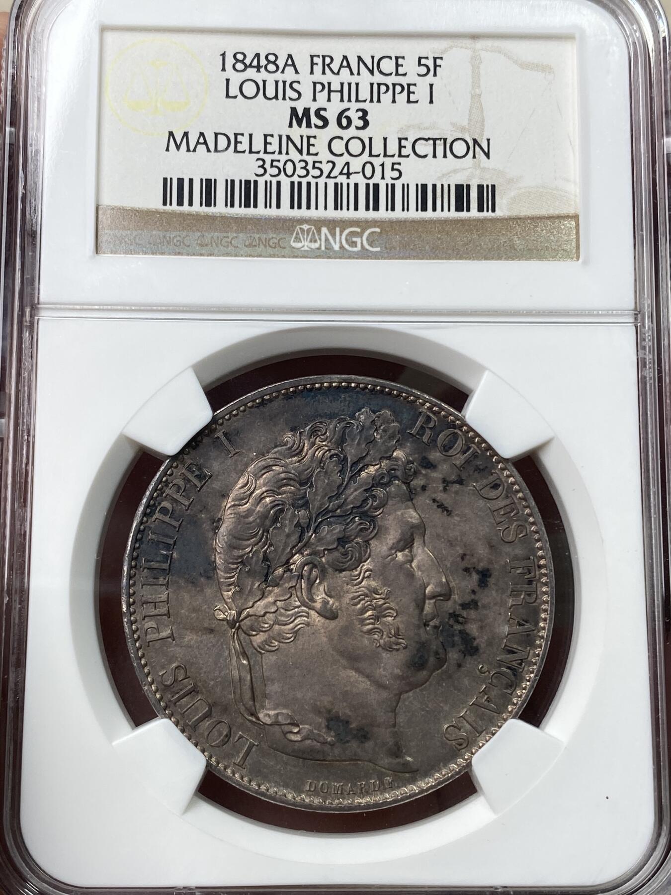 万国钱币拍卖第049期（万国夏季大拍） NGC MS63 1848年法国路易菲利普国王流通5法郎大银币 巴黎造币厂铸 法国二月革命年份 奥尔良王朝君主末年亡国之作 深香槟色醇厚包浆收藏级