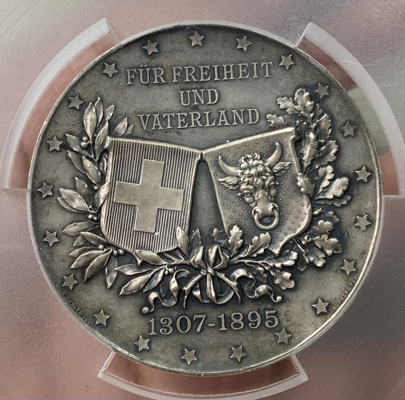 万国钱币拍卖第049期（万国夏季大拍） PCGS SP62 1895年瑞士索洛图恩射击节大银章 身穿罗马盔甲士兵手持旗帜站在城墙前 裸体小男孩手持城市盾徽 巨型52G 高浮雕磨砂效果