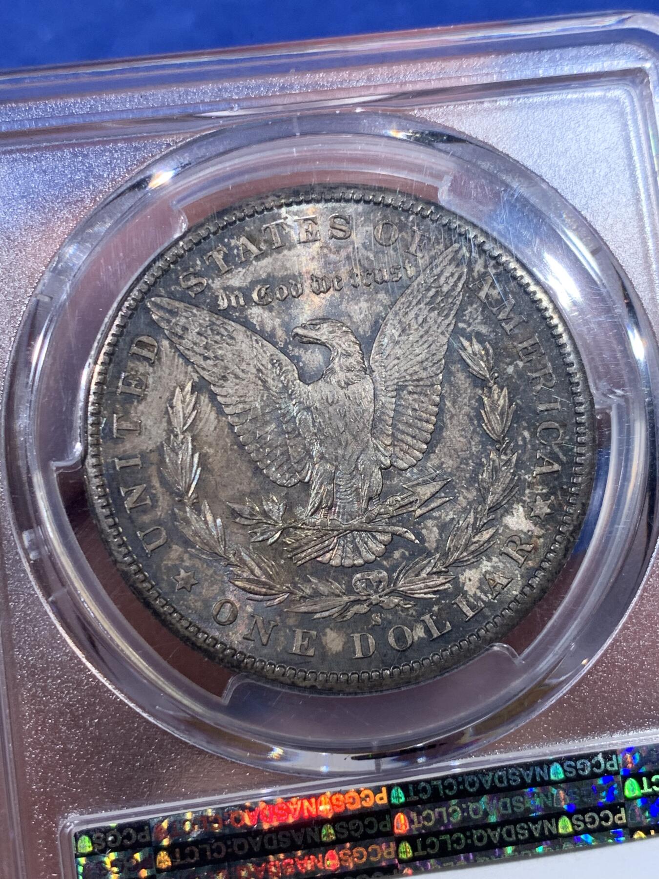 《竞宝斋》第398场 周日，周一，2场连拍 （全场包邮） PCGS MS65 1881年S美国摩根一美元大银 BU银光炫彩倒影包浆