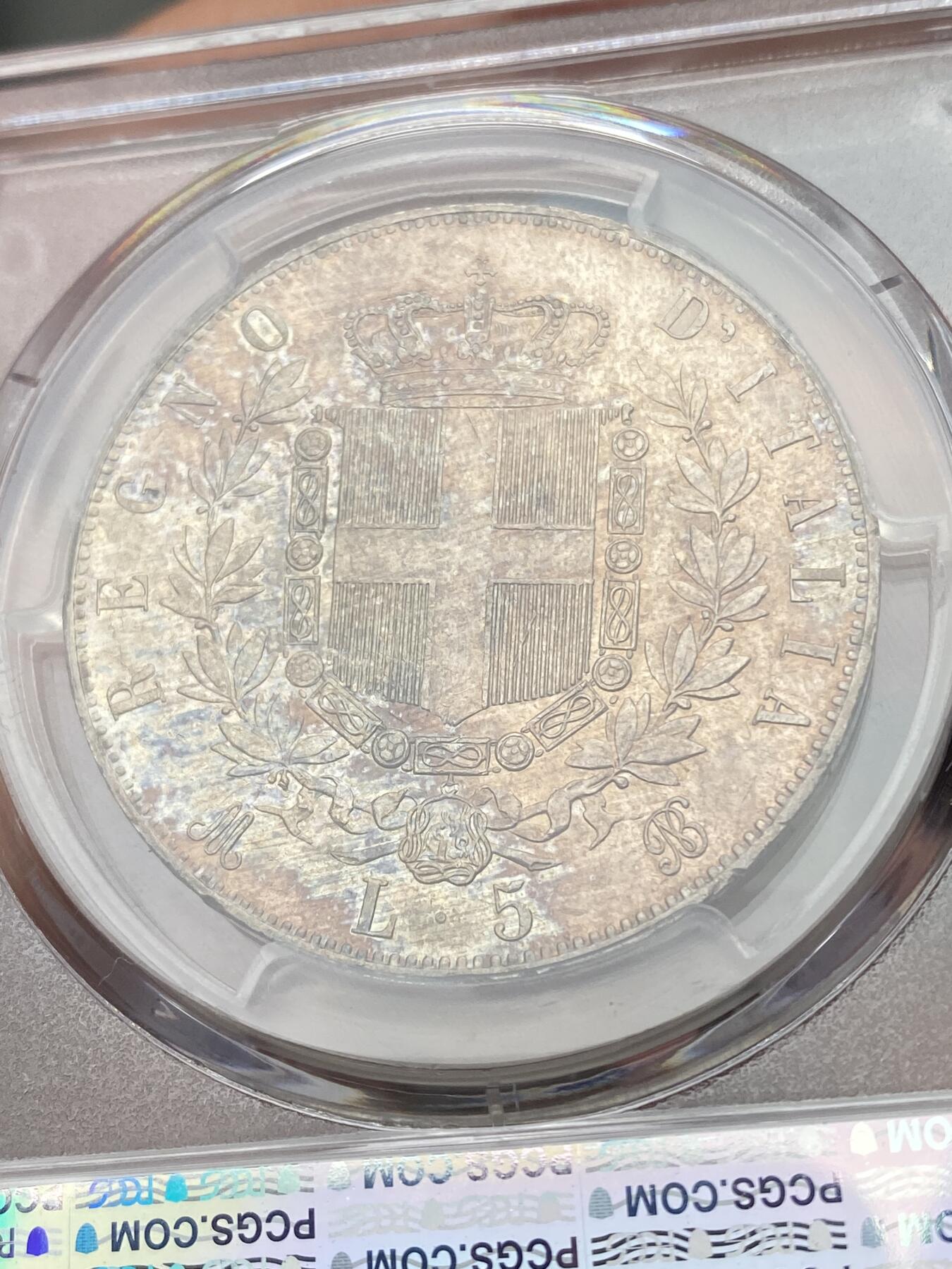 万国钱币拍卖第049期（万国夏季大拍） PCGS MS64 1871意大利王国伊曼纽尔二世5里拉银币 原味火烧云五彩 高分难得