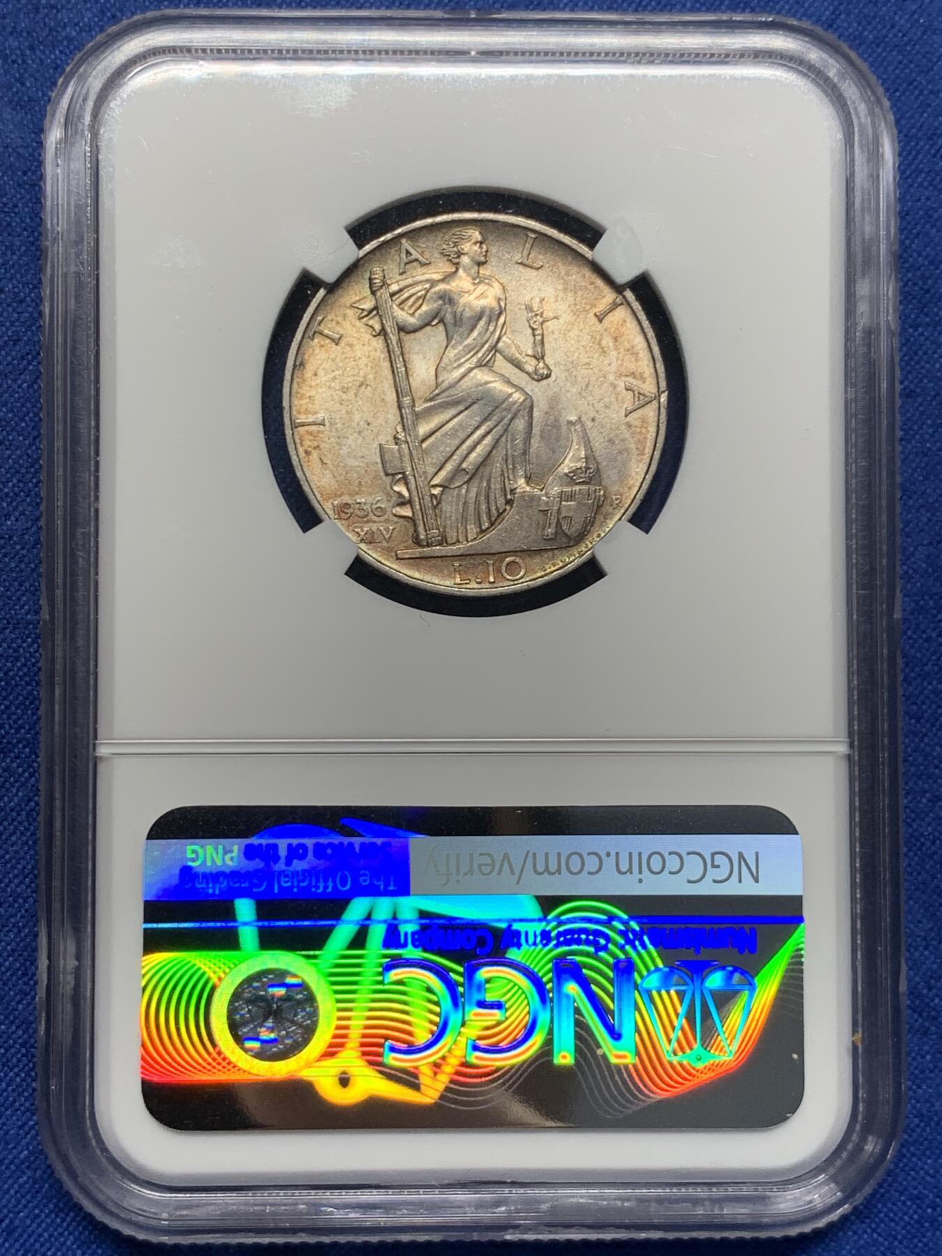 《竞宝斋》第398场 周日，周一，2场连拍 （全场包邮） NGC UNC 意大利1936年10里拉银币 改版的妹妹站船头形象更具力量和权利的象征
