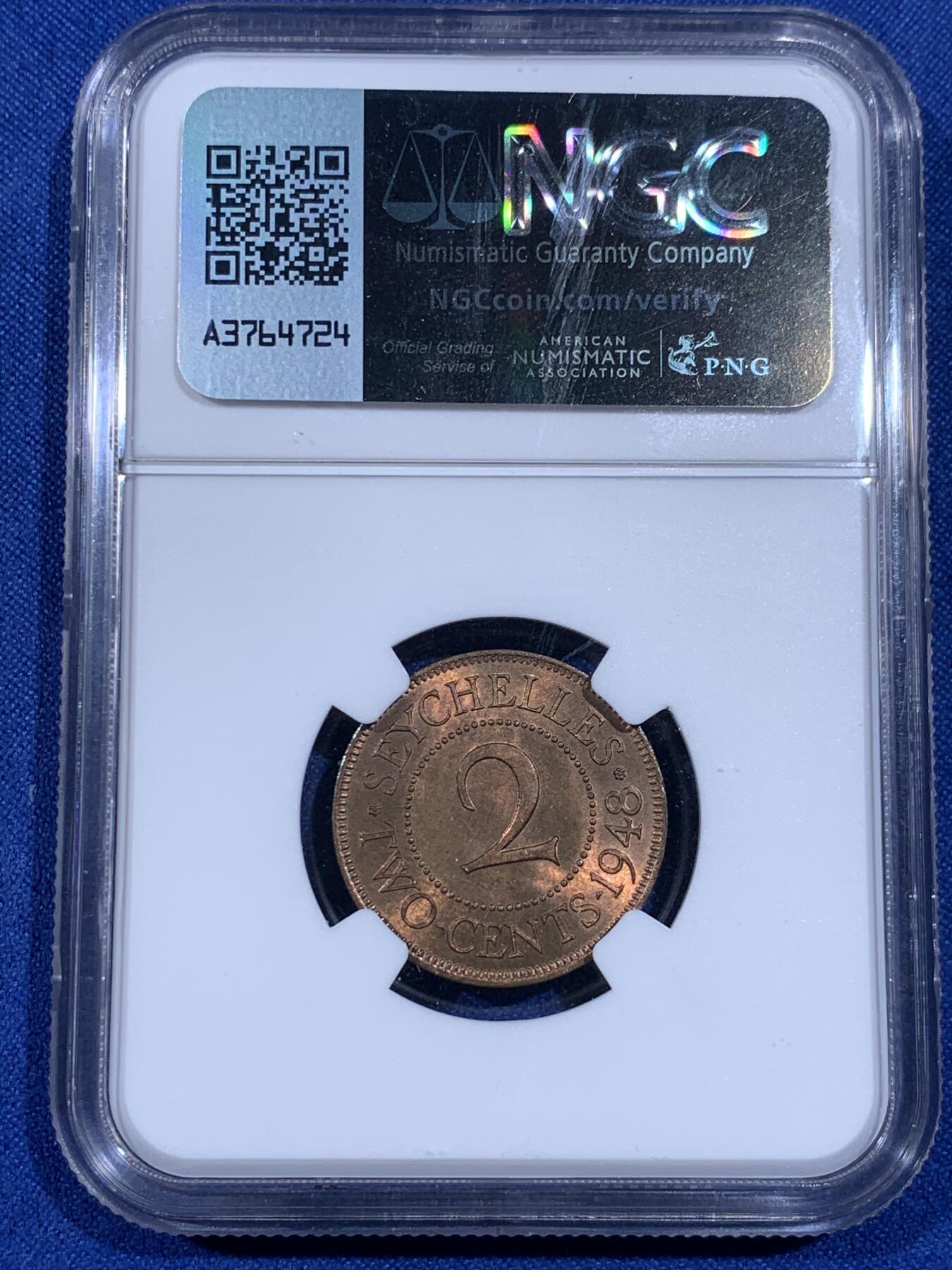 《竞宝斋》第398场 周日，周一，2场连拍 （全场包邮） NGC-MS64RB/63RB 1948塞舌尔2分&5分一对 早期塞舌尔铜币非常少见 品相这么好的更是凤毛麟角 铜光非常舒服 值得收藏