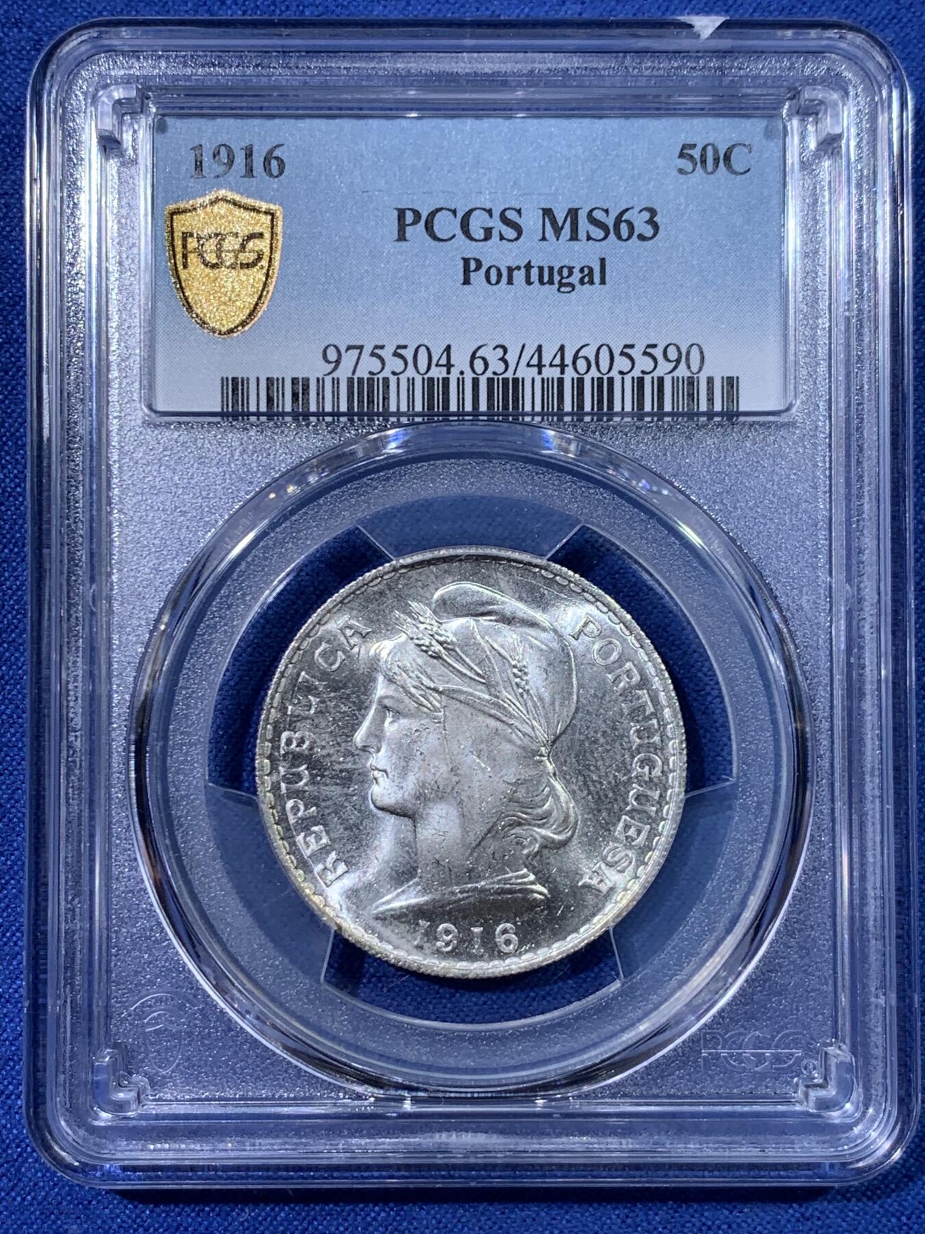 《竞宝斋》第398场 周日，周一，2场连拍 （全场包邮） PCGS MS63 葡萄牙 1916年 50分银币 白净转光
