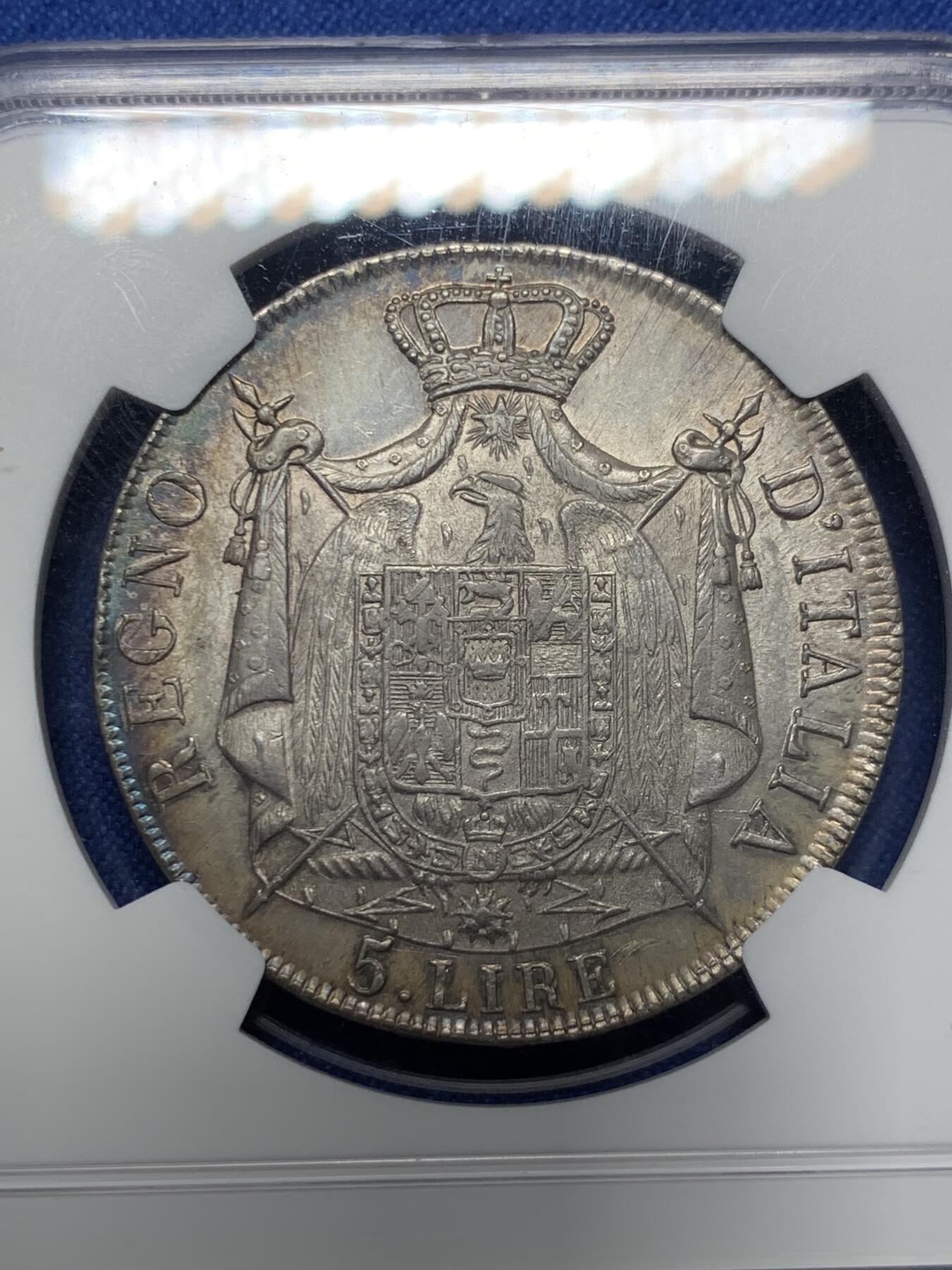 《竞宝斋》第398场 周日，周一，2场连拍 （全场包邮） NGC AU55 法占意大利1809M拿破仑皇帝纹章5里拉大银币，同版首年，比后期年份少见很多 五彩包浆极美状态