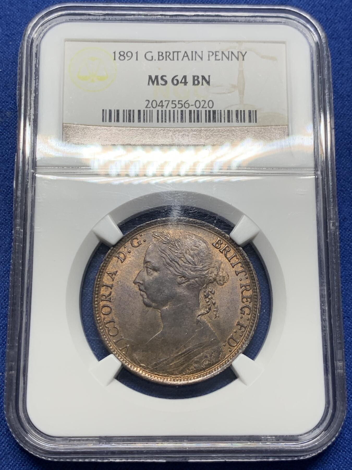 《竞宝斋》第398场 周日，周一，2场连拍 （全场包邮） NGC-MS64 1891年英国维多利亚一便士铜币 经典设计