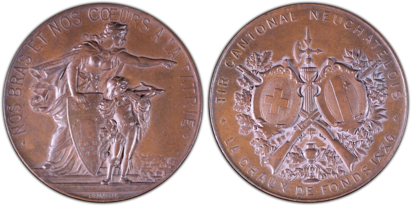 万国钱币拍卖第049期（万国夏季大拍） PCGS SP64 1886年瑞士联邦纳沙泰尔射击节纪念大铜章 纳沙泰尔女神指向城市景观 经典瑞士高浮雕 47MM