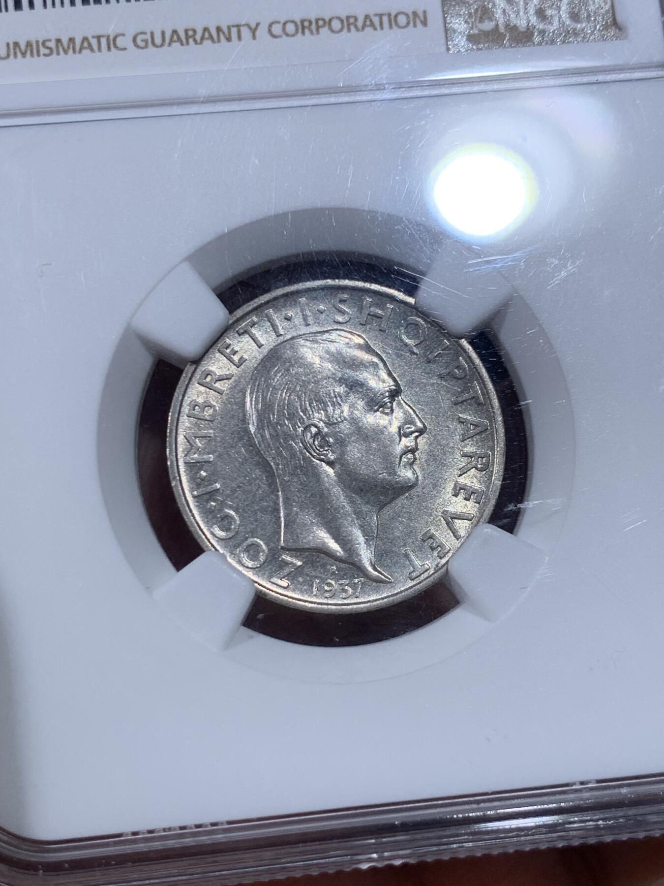 《竞宝斋》第398场 周日，周一，2场连拍 （全场包邮） NGC UNC 阿尔巴尼亚1937年1法郎银币 少见年份