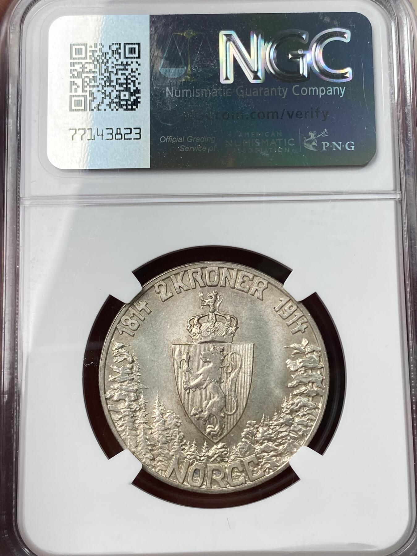 万国钱币拍卖第049期（万国夏季大拍） NGC MS64 1914年挪威宪法百年纪念流通2克朗大银币 原味银霜转光