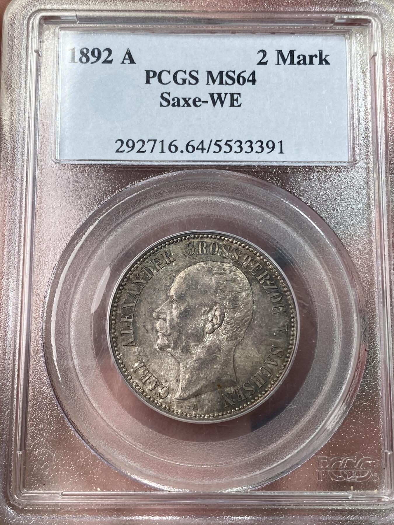 万国钱币拍卖第049期（万国夏季大拍） PCGS MS64 1892年德国萨克森-魏玛-爱森纳赫卡尔·亚历山大大公长翅流通2马克 罕见品种 PC古董老白盒 原味欧陆五彩 