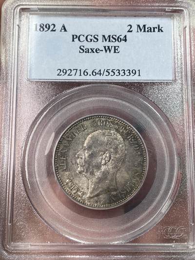 万国钱币拍卖第049期（万国夏季大拍） - PCGS MS64 1892年德国萨克森-魏玛-爱森纳赫卡尔·亚历山大大公长翅流通2马克 罕见品种 PC古董老白盒 原味欧陆五彩 