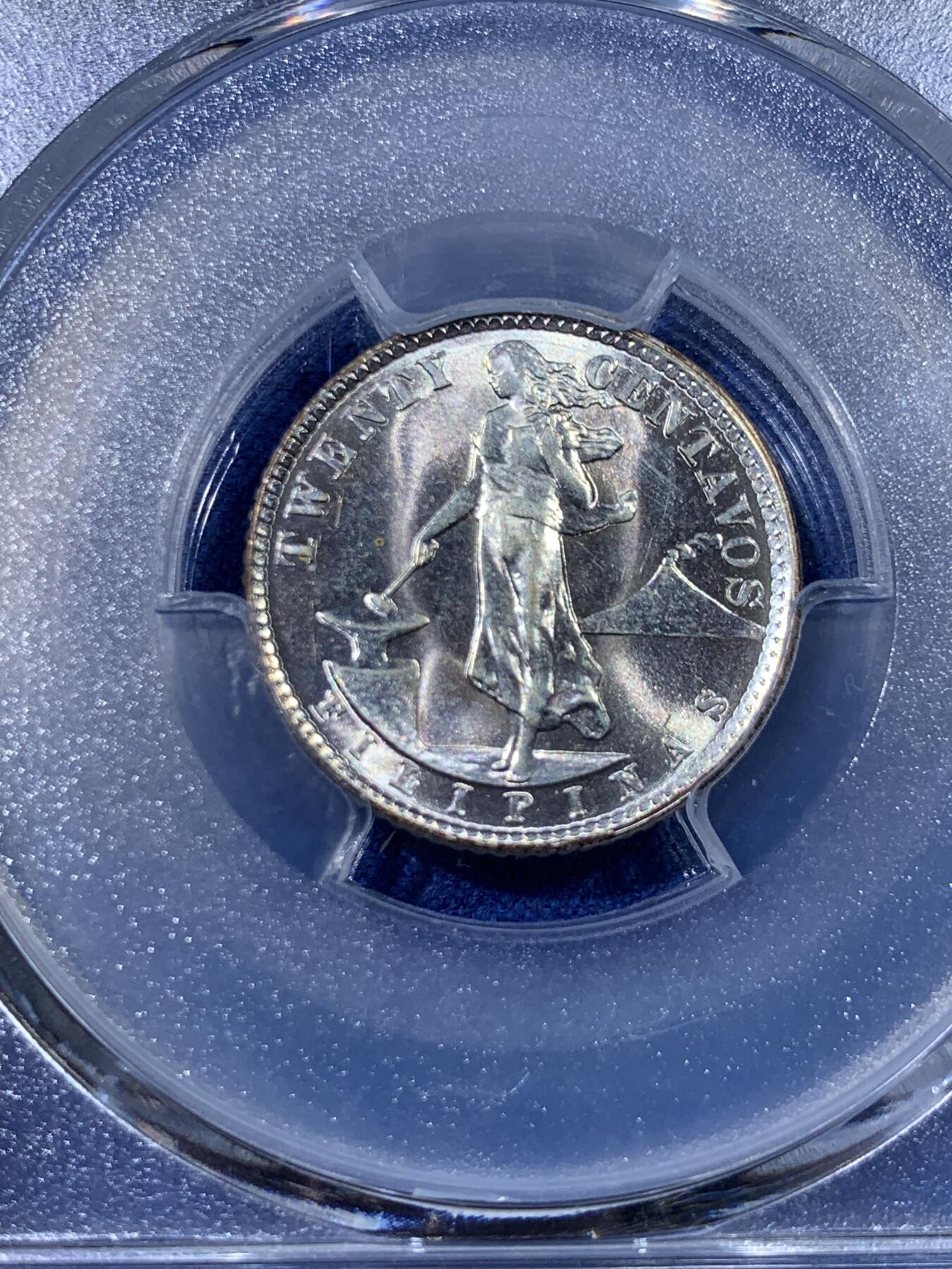 《竞宝斋》第398场 周日，周一，2场连拍 （全场包邮） PCGS MS64美属菲律宾 1938年 火山与女神 20分 银币