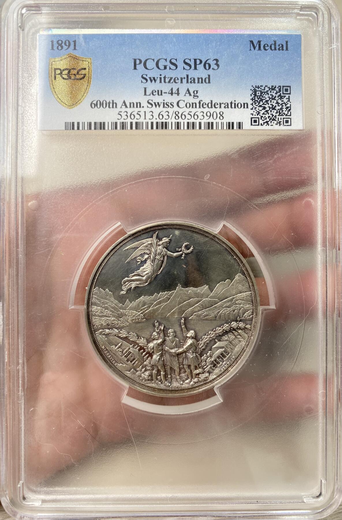 万国钱币拍卖第049期（万国夏季大拍） PCGS SP63 PCGS SP63 1891年瑞士老三州永久同盟成立600周年纪念大银章 50MM大规格 1291年瑞士施维茨、乌里、下瓦尔登组成永久同盟被视为瑞士联邦的雏形 其并非国家更像是一个防御共同体 各州享有高度自治权 正如拿破仑所说“有两种力量将人们联合起来——恐惧和利益”