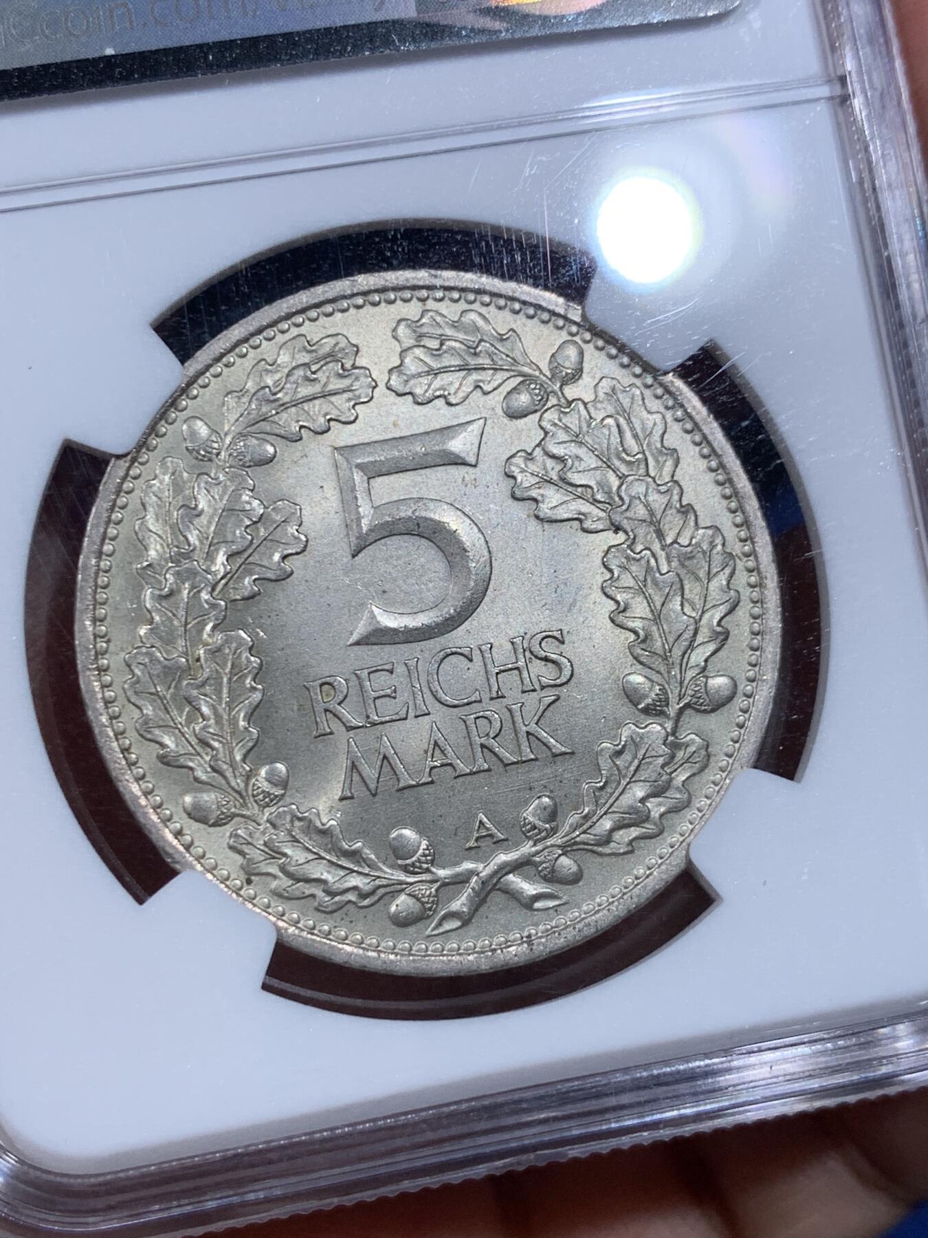《竞宝斋》第398场 周日，周一，2场连拍 （全场包邮） NGC MS64 1925A德国魏玛莱茵5马克 高分好品难求