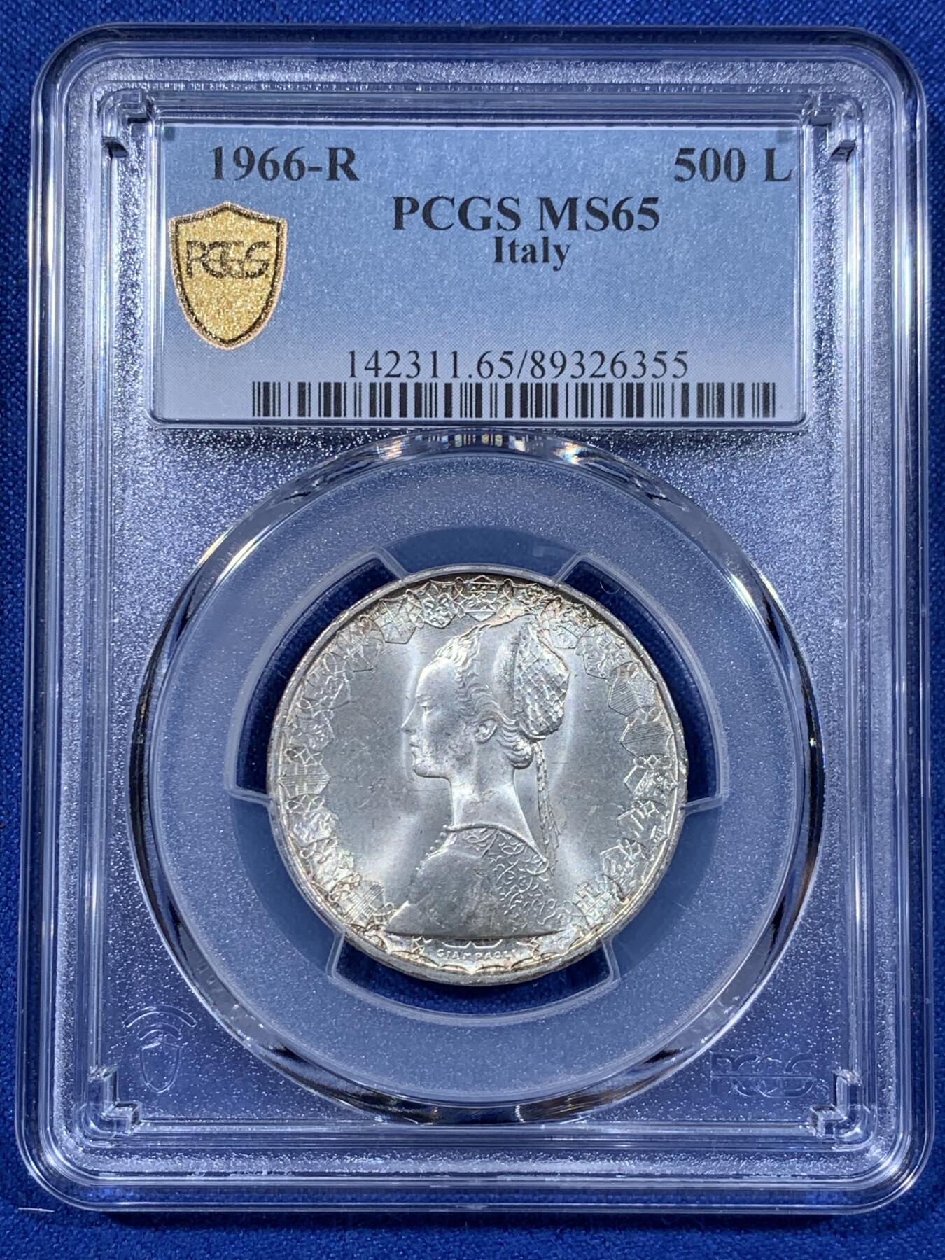 《竞宝斋》第398场 周日，周一，2场连拍 （全场包邮） 两枚一组 PCGS MS65 1966-1970年意大利500里拉 美女帆船 高分