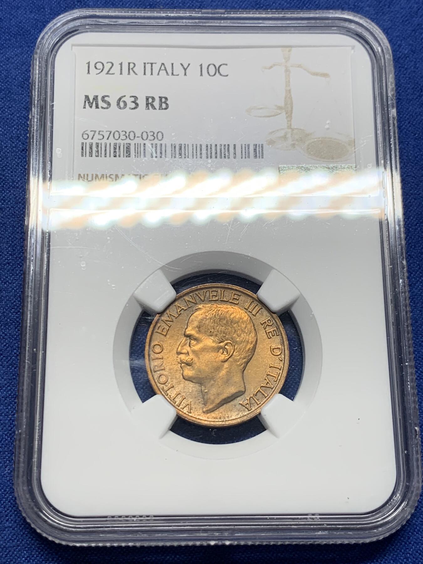 《竞宝斋》第398场 周日，周一，2场连拍 （全场包邮） NGC MS63RB 意大利 1921年 蜜蜂10分 热门品种
