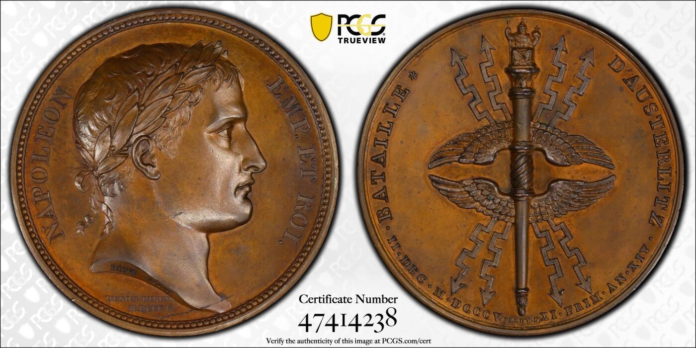万国钱币拍卖第049期（万国夏季大拍） PCGS SP64 1805年法国拿破仑一世奥斯特利茨战役胜利纪念大铜章 超炫闪电权杖高浮雕顶级收藏品质