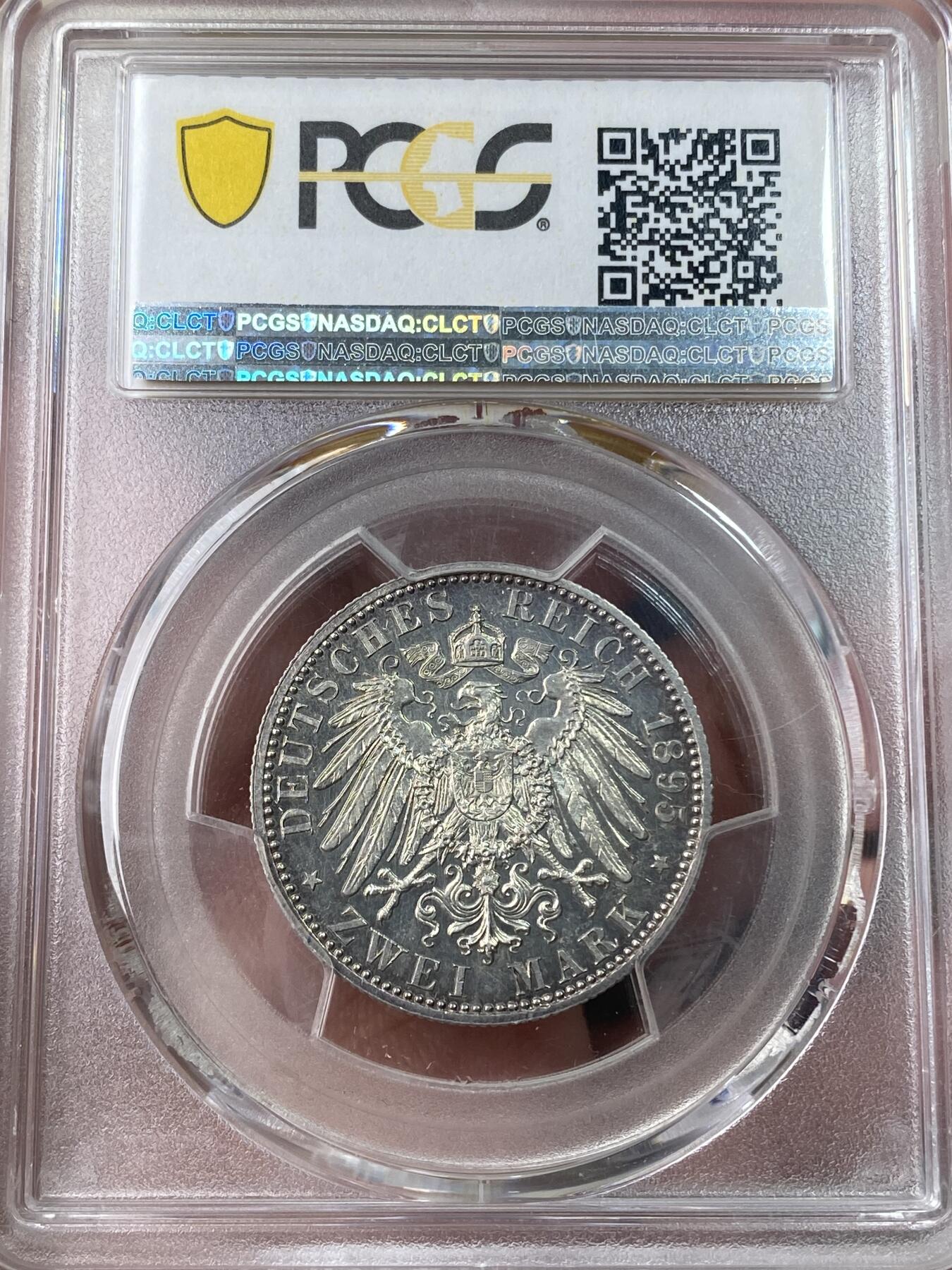 万国钱币拍卖第049期（万国夏季大拍） PCGS PR63 1895年德国萨克森-科堡-哥达阿尔弗雷德大公长翅流通2马克 萨克森科堡所有面值的马克都是极其难得的存在 单年发行 精制更是凤毛麟角 原味镜面状态 PC唯一亚军分 更高分仅一枚