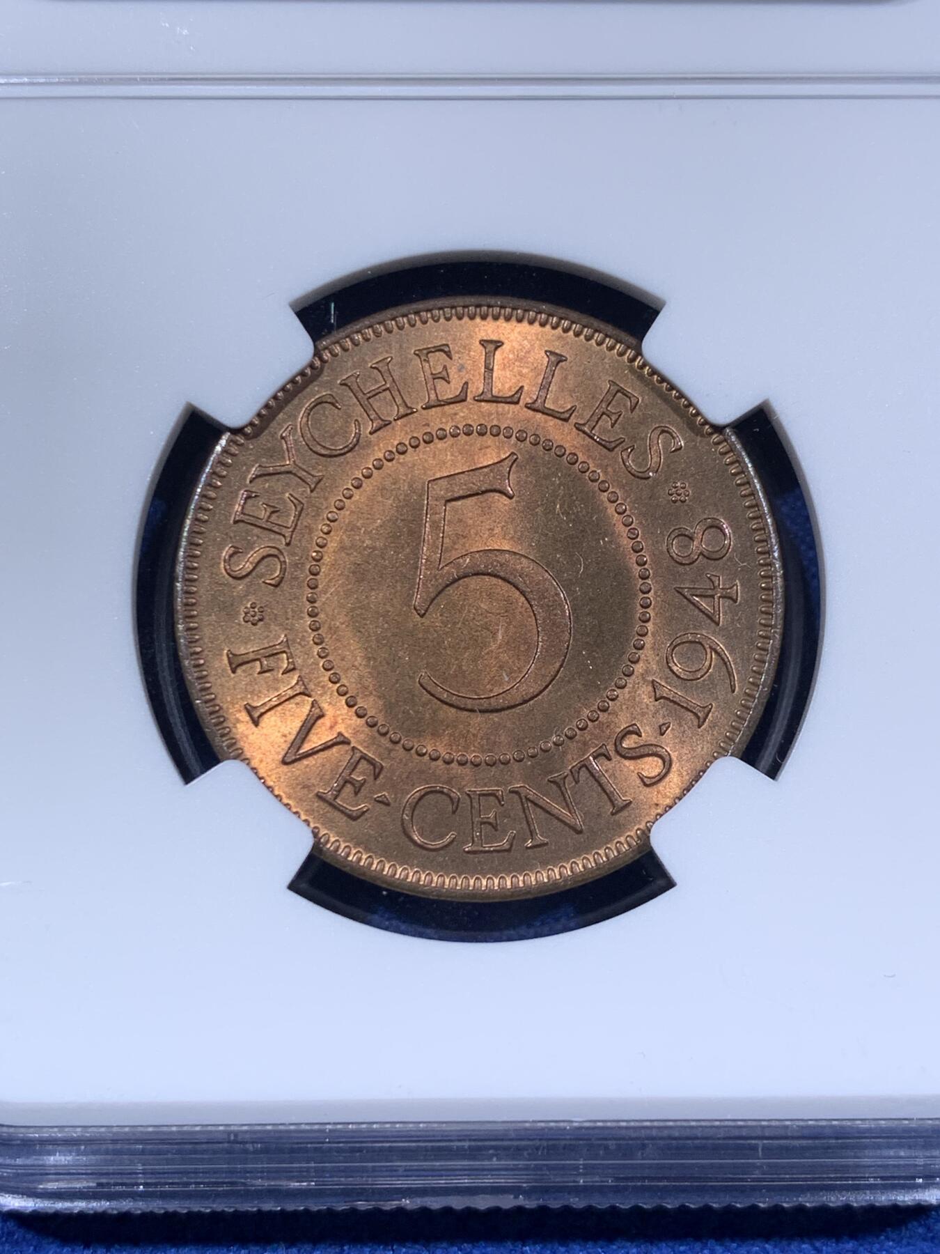 《竞宝斋》第398场 周日，周一，2场连拍 （全场包邮） NGC-MS64RB/63RB 1948塞舌尔2分&5分一对 早期塞舌尔铜币非常少见 品相这么好的更是凤毛麟角 铜光非常舒服 值得收藏