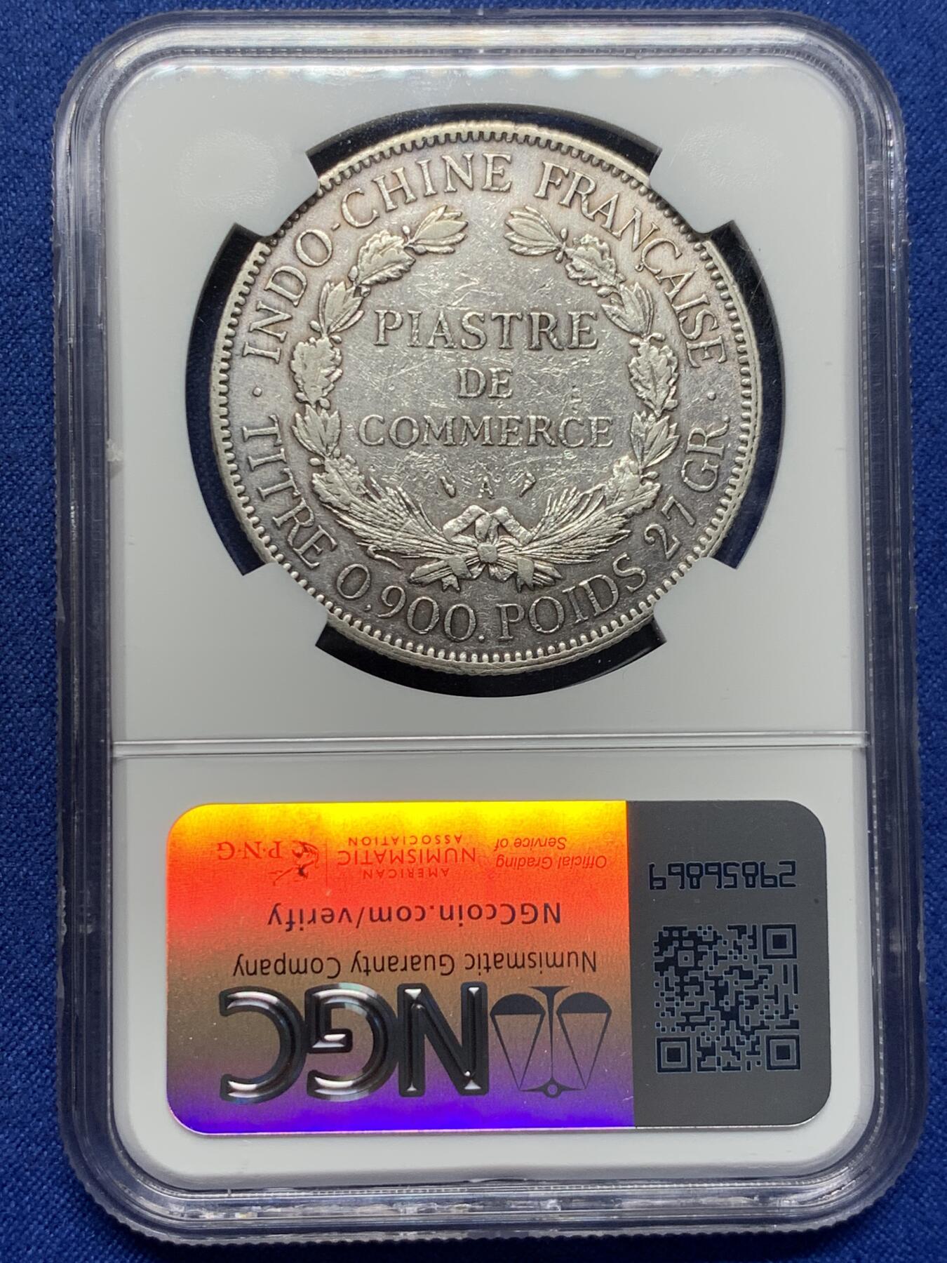 《竞宝斋》第398场 周日，周一，2场连拍 （全场包邮） NGC XF 印度支那 1909A 坐洋1皮阿斯特银元