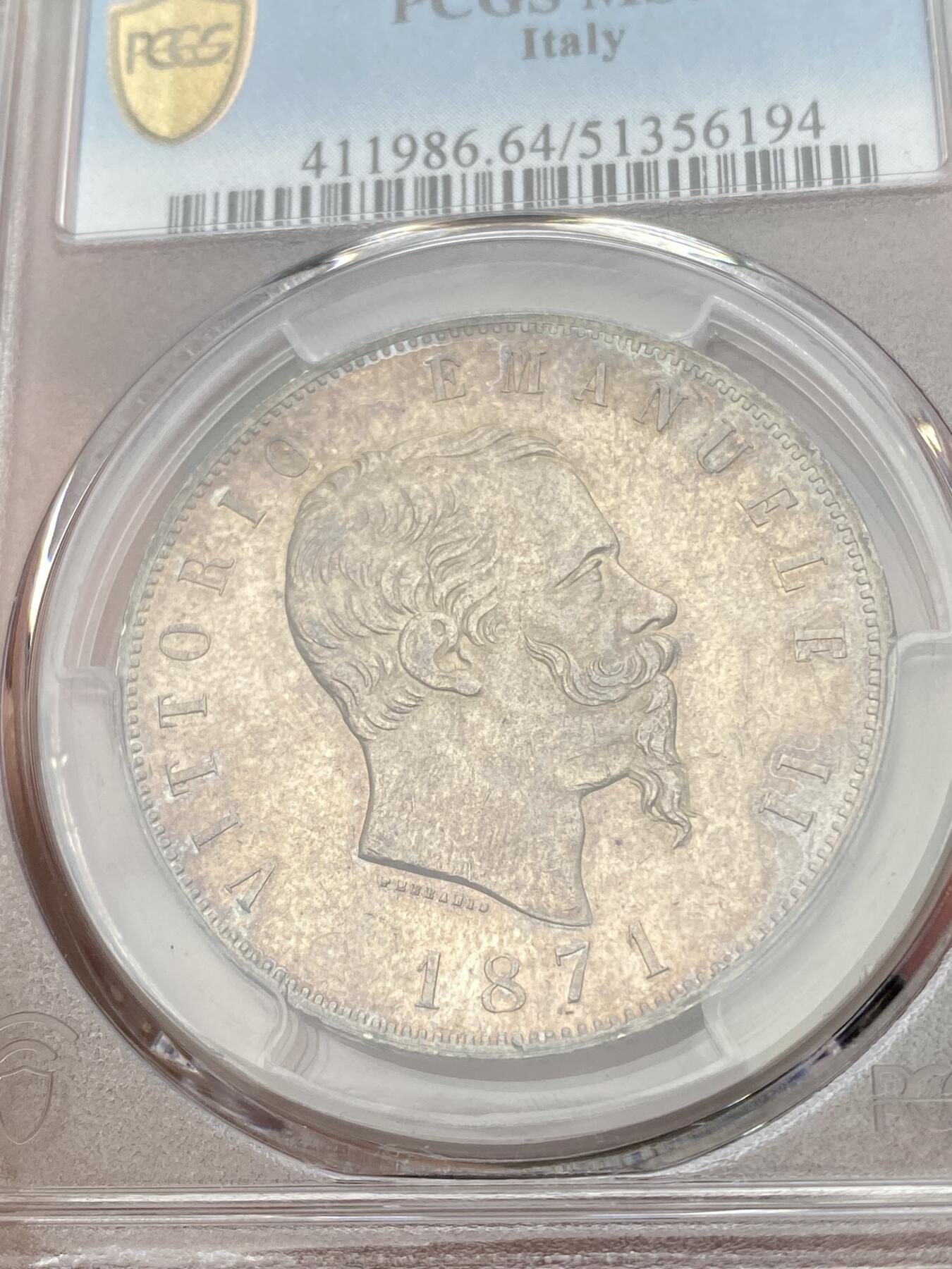 万国钱币拍卖第049期（万国夏季大拍） PCGS MS64 1871意大利王国伊曼纽尔二世5里拉银币 原味火烧云五彩 高分难得