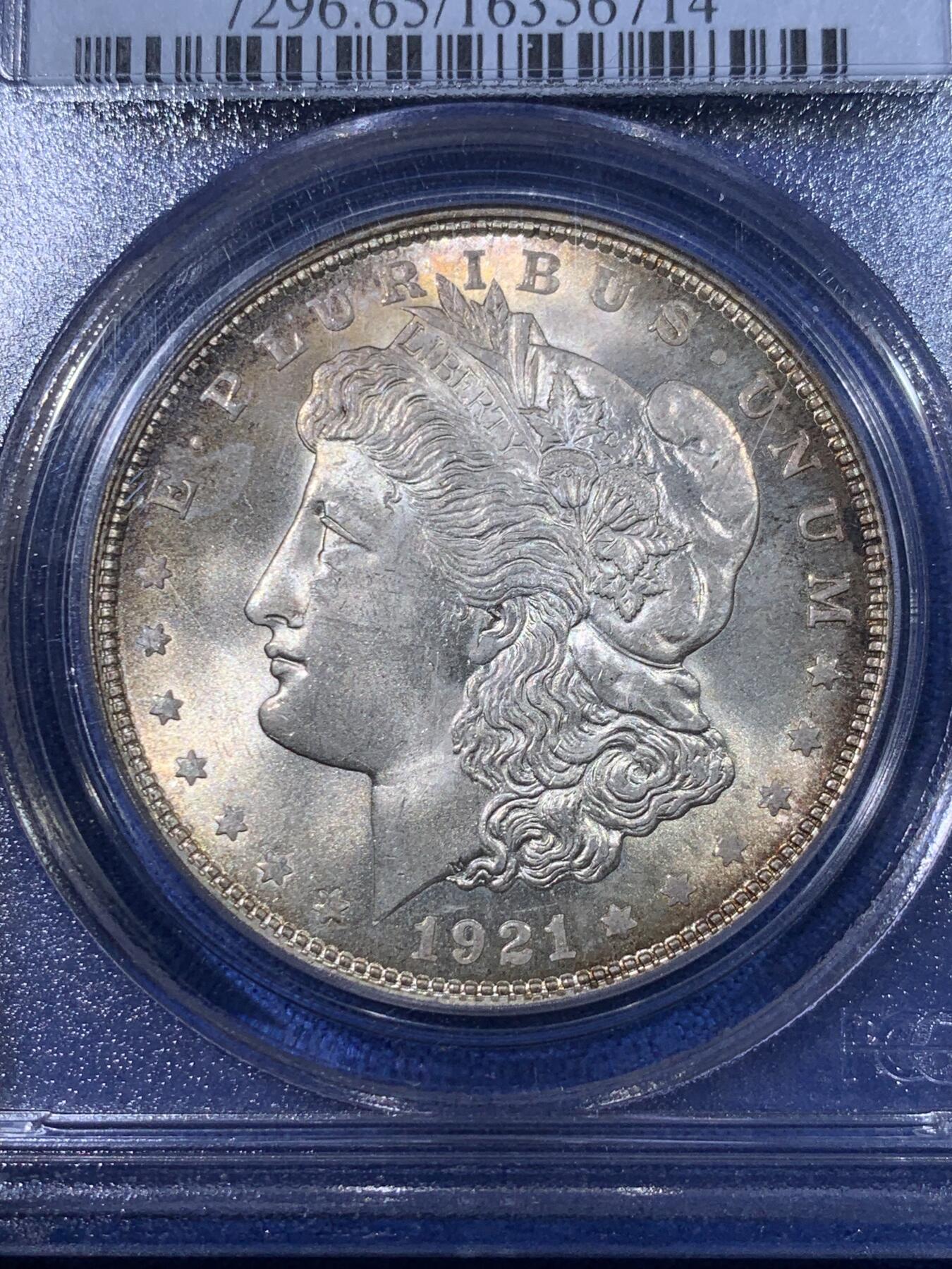 《竞宝斋》第398场 周日，周一，2场连拍 （全场包邮） PCGS MS65 美国 1921 摩根银币 淡彩包浆 非常漂亮的