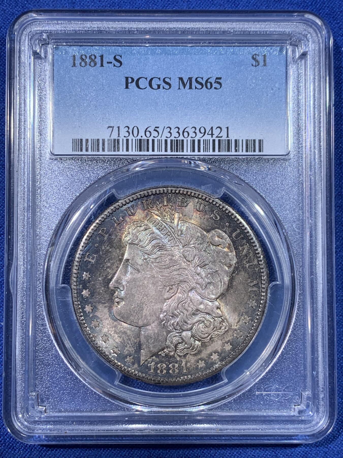 《竞宝斋》第398场 周日，周一，2场连拍 （全场包邮） PCGS MS65 1881年S美国摩根一美元大银 BU银光炫彩倒影包浆