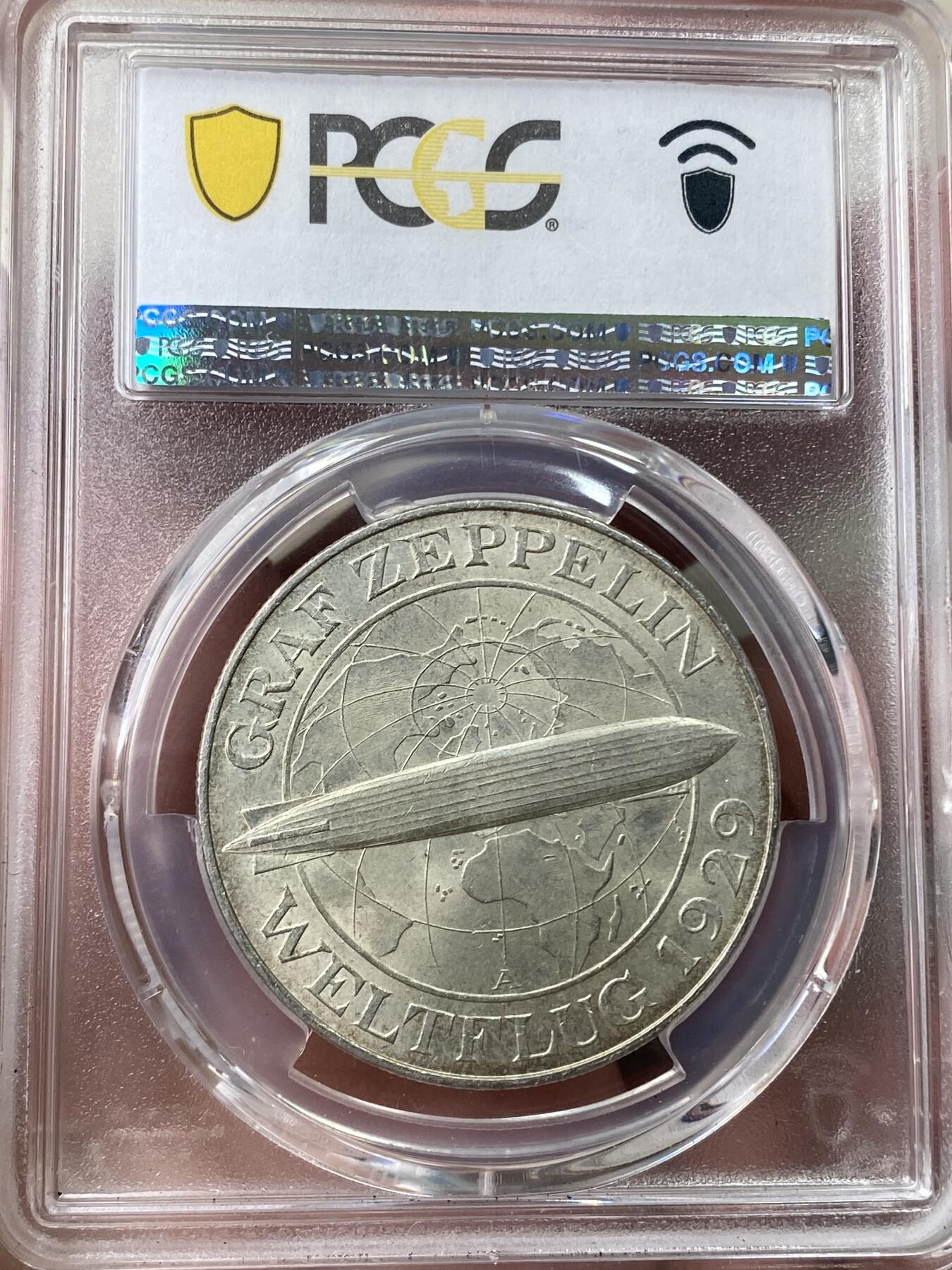 万国钱币拍卖第049期（万国夏季大拍） PCGS MS65 1930年德国魏玛共和国齐柏林飞艇5马克大银 迷人银霜质感 原味转光 典藏级品质