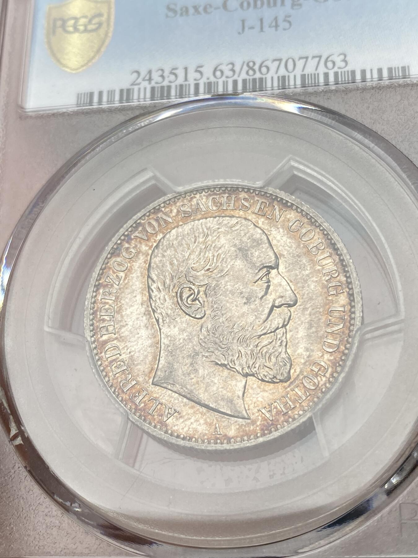 万国钱币拍卖第049期（万国夏季大拍） PCGS PR63 1895年德国萨克森-科堡-哥达阿尔弗雷德大公长翅流通2马克 萨克森科堡所有面值的马克都是极其难得的存在 单年发行 精制更是凤毛麟角 原味镜面状态 PC唯一亚军分 更高分仅一枚