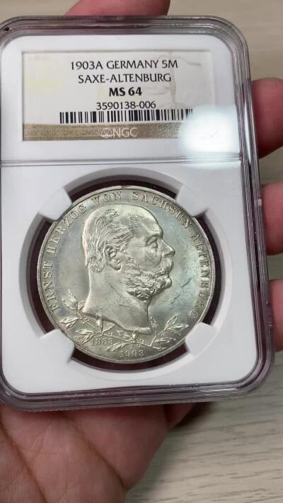 万国钱币拍卖第049期（万国夏季大拍） NGC MS64 德国1903年萨克森-阿尔滕堡恩斯特一世执政50周年长翅5马克 罕见小邦 银霜转光收藏品质