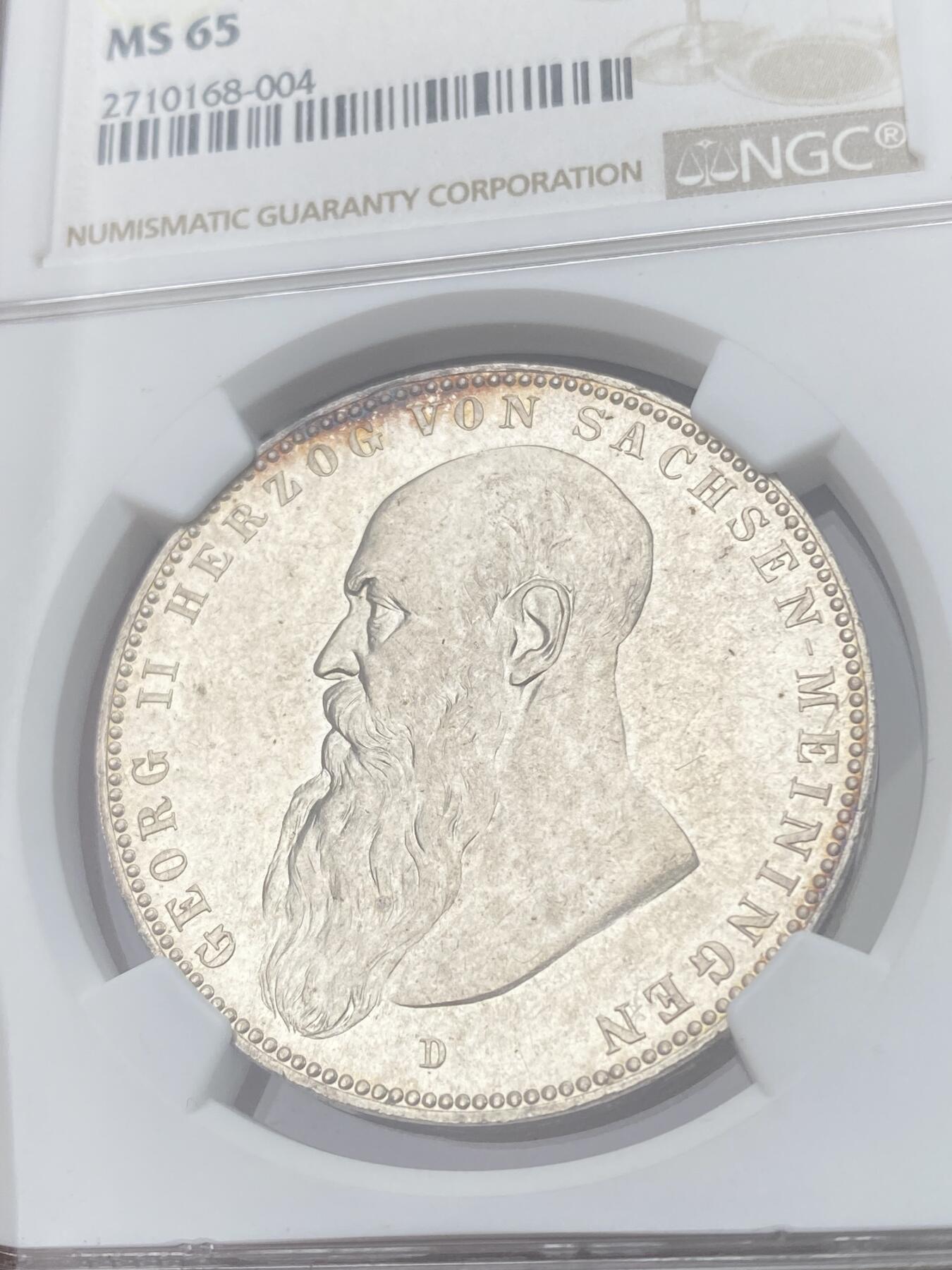 万国钱币拍卖第049期（万国夏季大拍） NGC MS65 1908年德国萨克森-梅宁根乔治二世亲王长翅流通5马克 十字转光淡包浆 类镜面喷砂质感 乔治二世同时也是著名的世界上第一位导演 NGC冠军分 顶级收藏品质