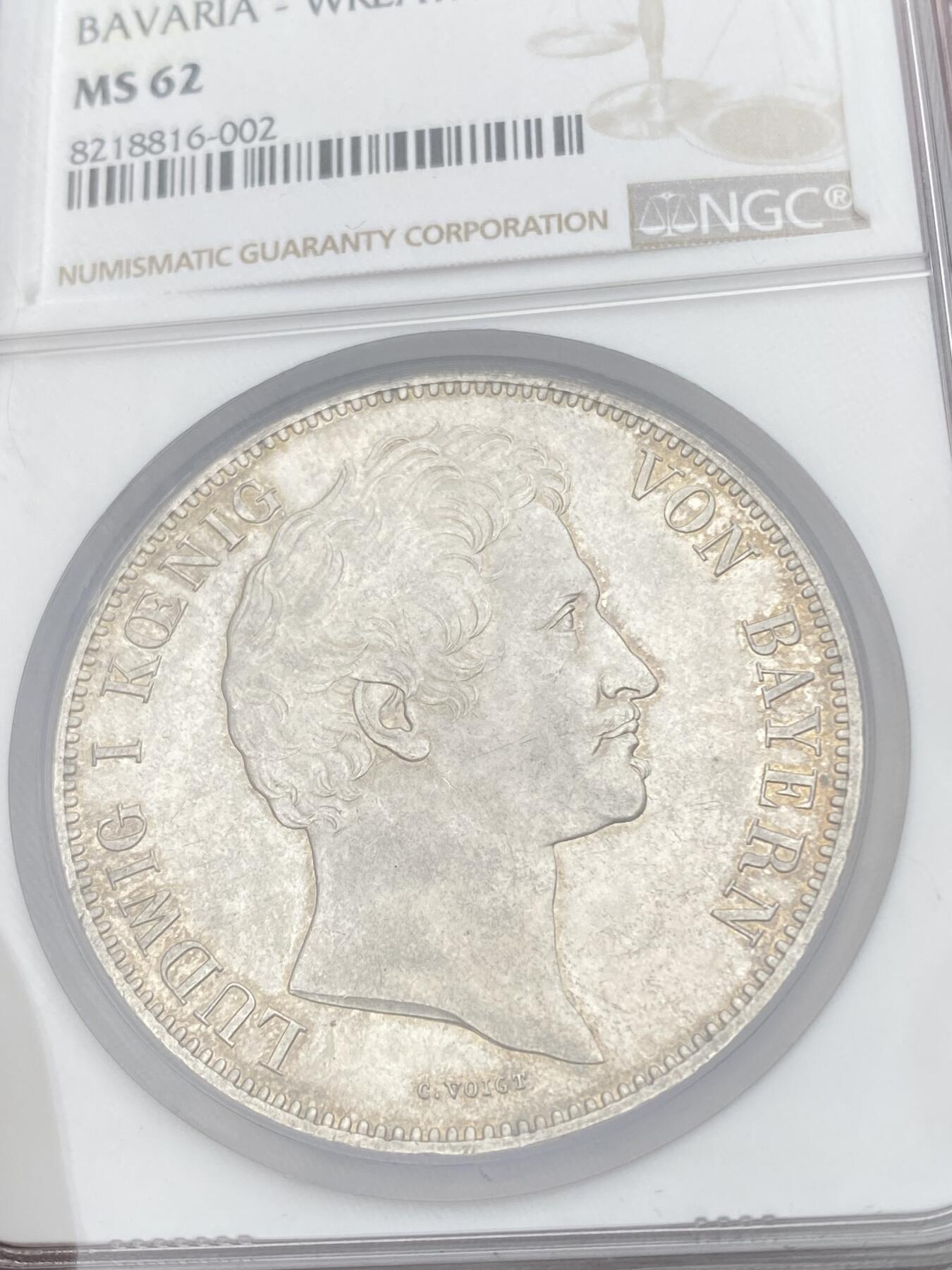 万国钱币拍卖第049期（万国夏季大拍） NGC MS62 1839年德国巴伐利亚路德维希一世流通2泰勒 好品罕见的路一流通2T 淡环金彩十字转光高点极佳
