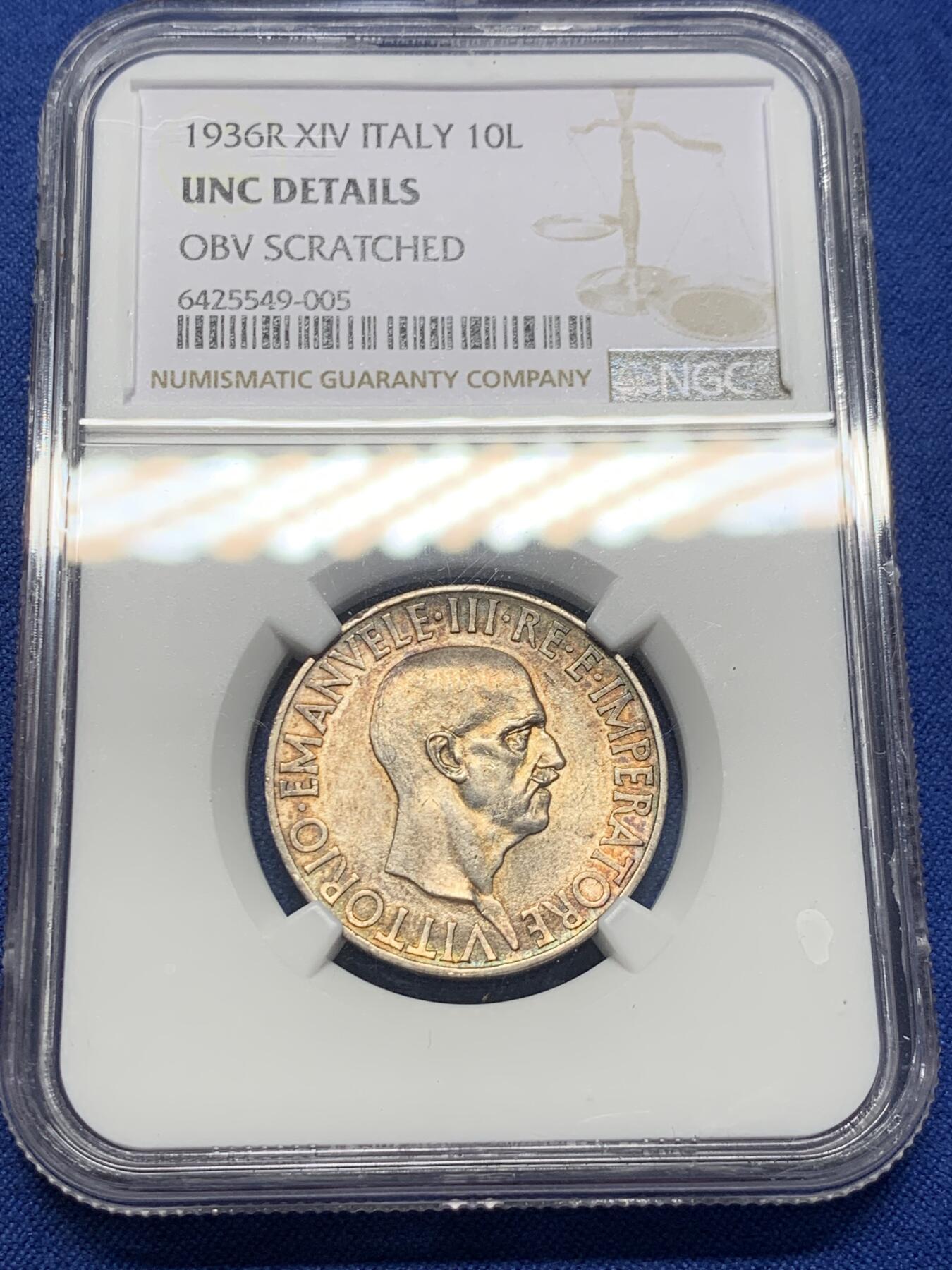 《竞宝斋》第398场 周日，周一，2场连拍 （全场包邮） NGC UNC 意大利1936年10里拉银币 改版的妹妹站船头形象更具力量和权利的象征