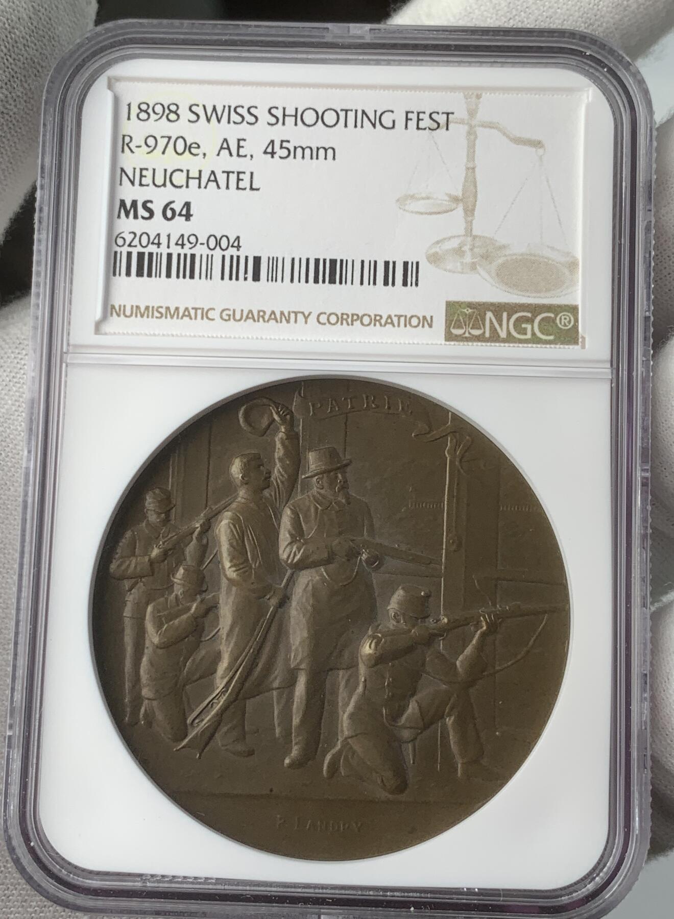 掌中浮雕-藏着的欧洲第031场 NGC MS64 : 1898年瑞士纳沙泰尔射击节铜章，45mm