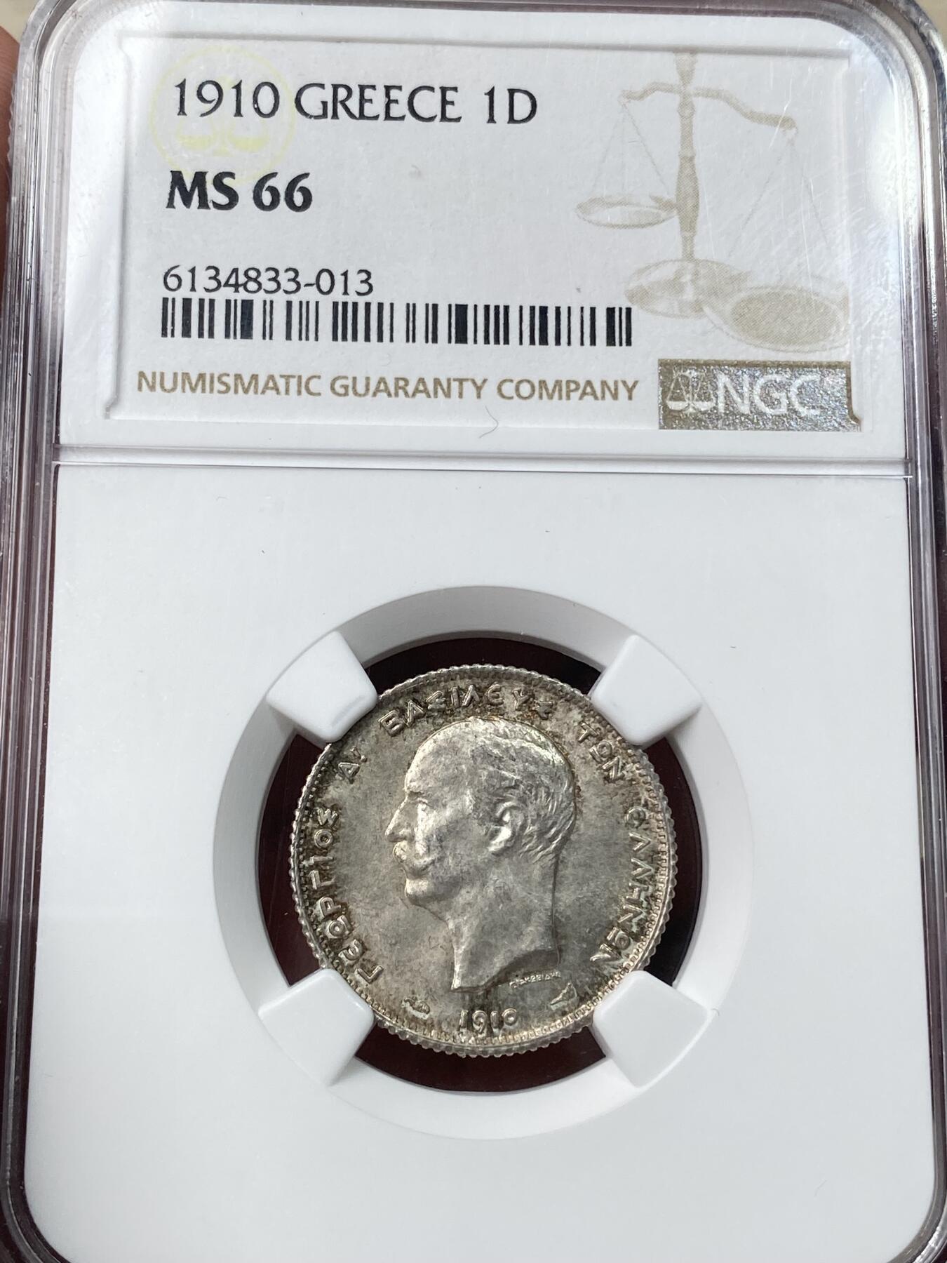 万国钱币拍卖第049期（万国夏季大拍） NGC MS66 1910年希腊持盾女神1德拉克马银币 小中见大的顶级品相 N/P评级亚军分 冠军分MS67在2025年nomos落槌价格3400瑞郎