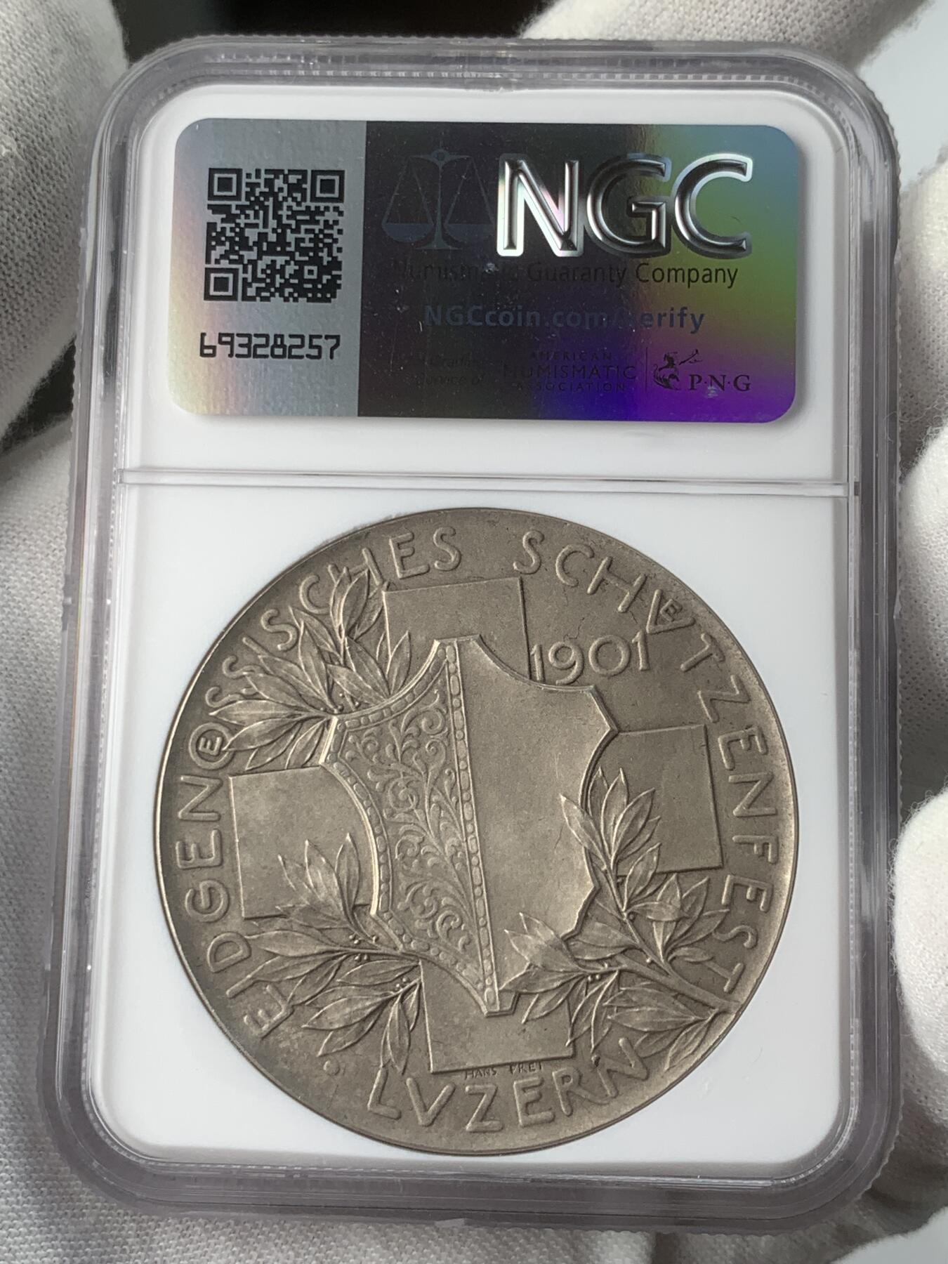 掌中浮雕-藏着的欧洲第031场 NGC MS64 : 1901年瑞士卢塞恩射击节银章，45mm