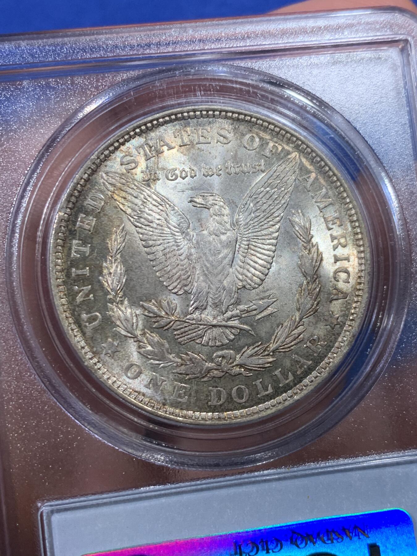 《竞宝斋》第398场 周日，周一，2场连拍 （全场包邮） PCGS MS65 美国 1921 摩根银币 淡彩包浆 非常漂亮的